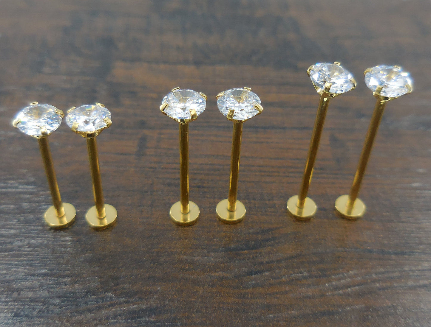 Cheek Piercings 5mm Clear Crystal CZ Pair Dimple Maker Prong Set 16G 14mm, 16mm, 19mm Internally Threaded Rings Gold Titanium Anodized