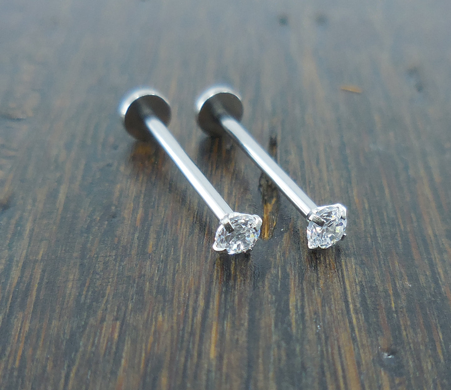 Pair Dimple Maker Cheek Piercings 3mm Clear Crystal CZ 16G 14mm, 16mm, 19mm Stainless Steel Internally Threaded Prong Set Labret Rings