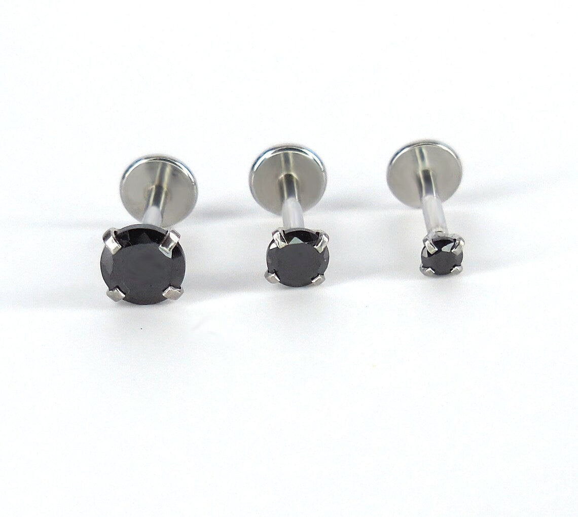 Black CZ Threadless Flat Back Earring: Tragus Piercing Stud - Surgical Steel Push Pin Stud - Tiny Tragus Earring - Cartilage Stud Earring