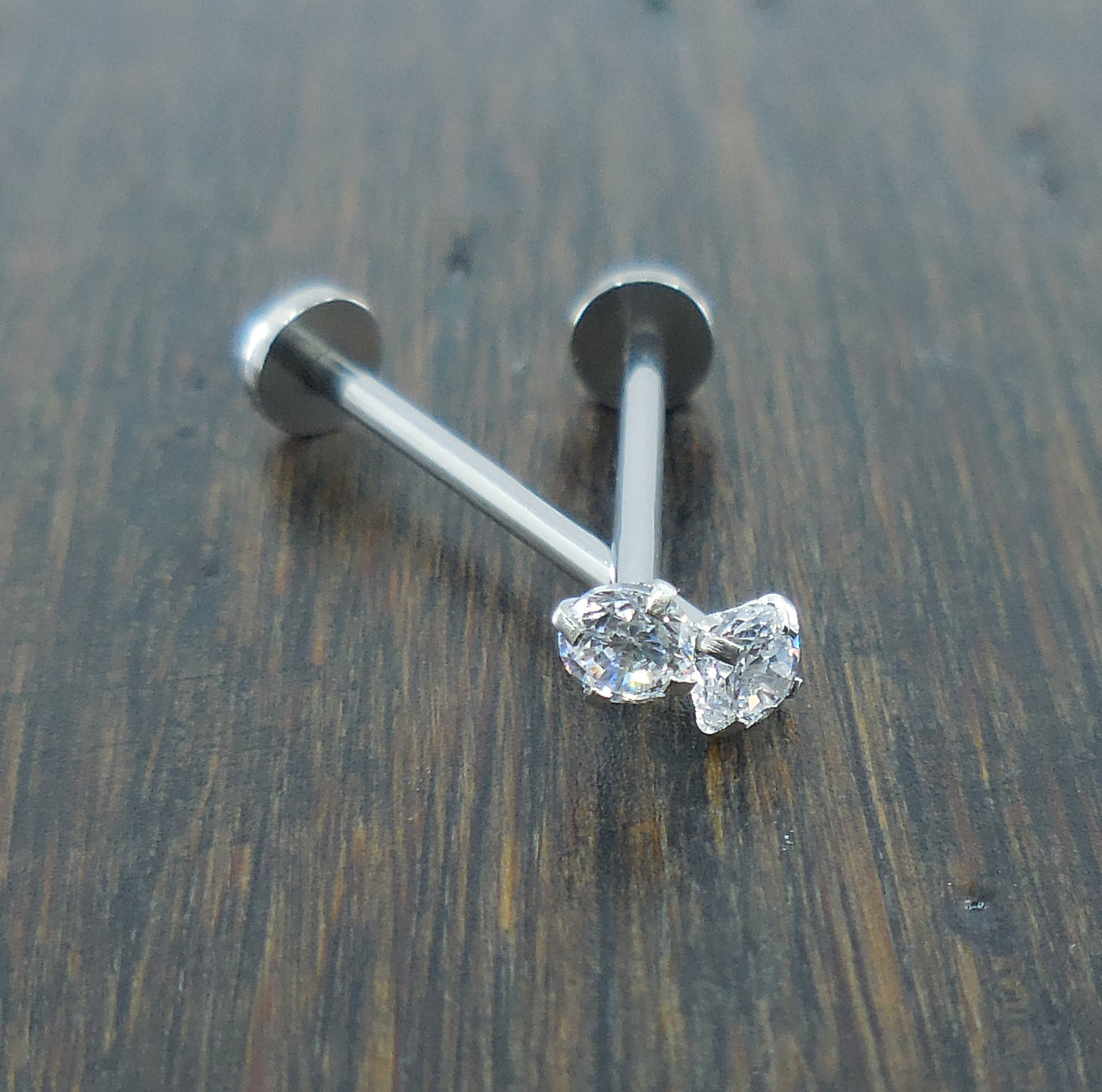 Pair Dimple Maker Cheek Piercings 3mm Clear Crystal CZ 16G 14mm, 16mm, 19mm Stainless Steel Internally Threaded Prong Set Labret Rings