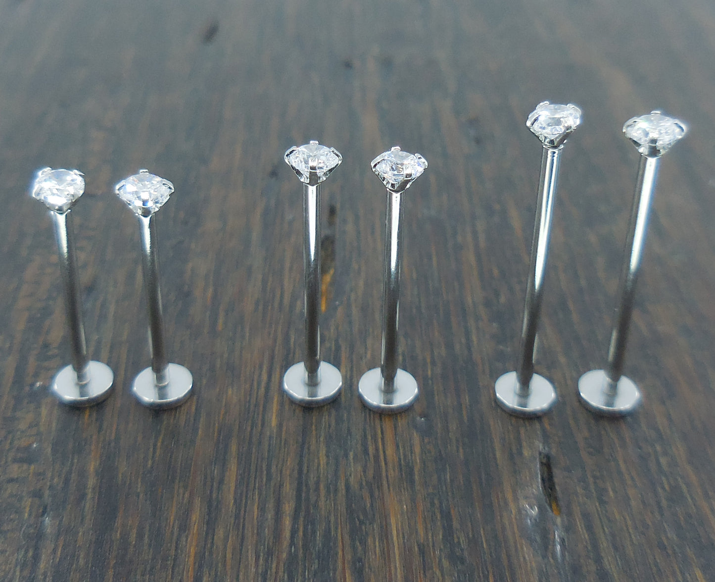 Pair Dimple Maker Cheek Piercings 3mm Clear Crystal CZ 16G 14mm, 16mm, 19mm Stainless Steel Internally Threaded Prong Set Labret Rings