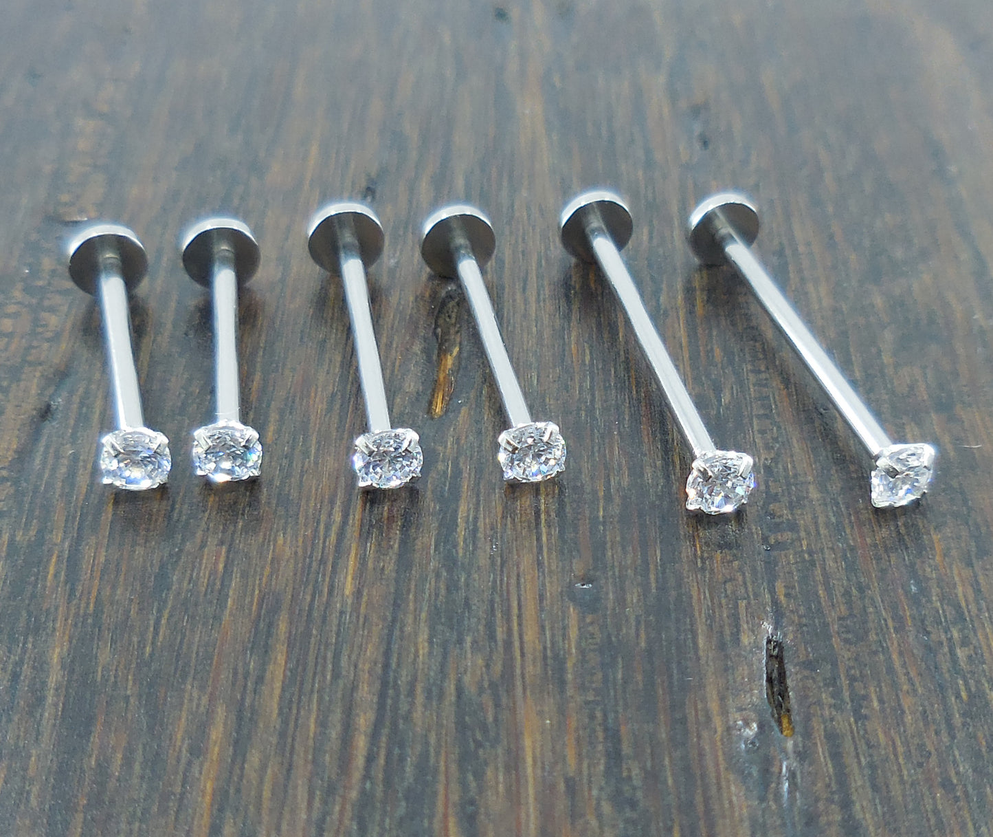 Pair Dimple Maker Cheek Piercings 3mm Clear Crystal CZ 16G 14mm, 16mm, 19mm Stainless Steel Internally Threaded Prong Set Labret Rings