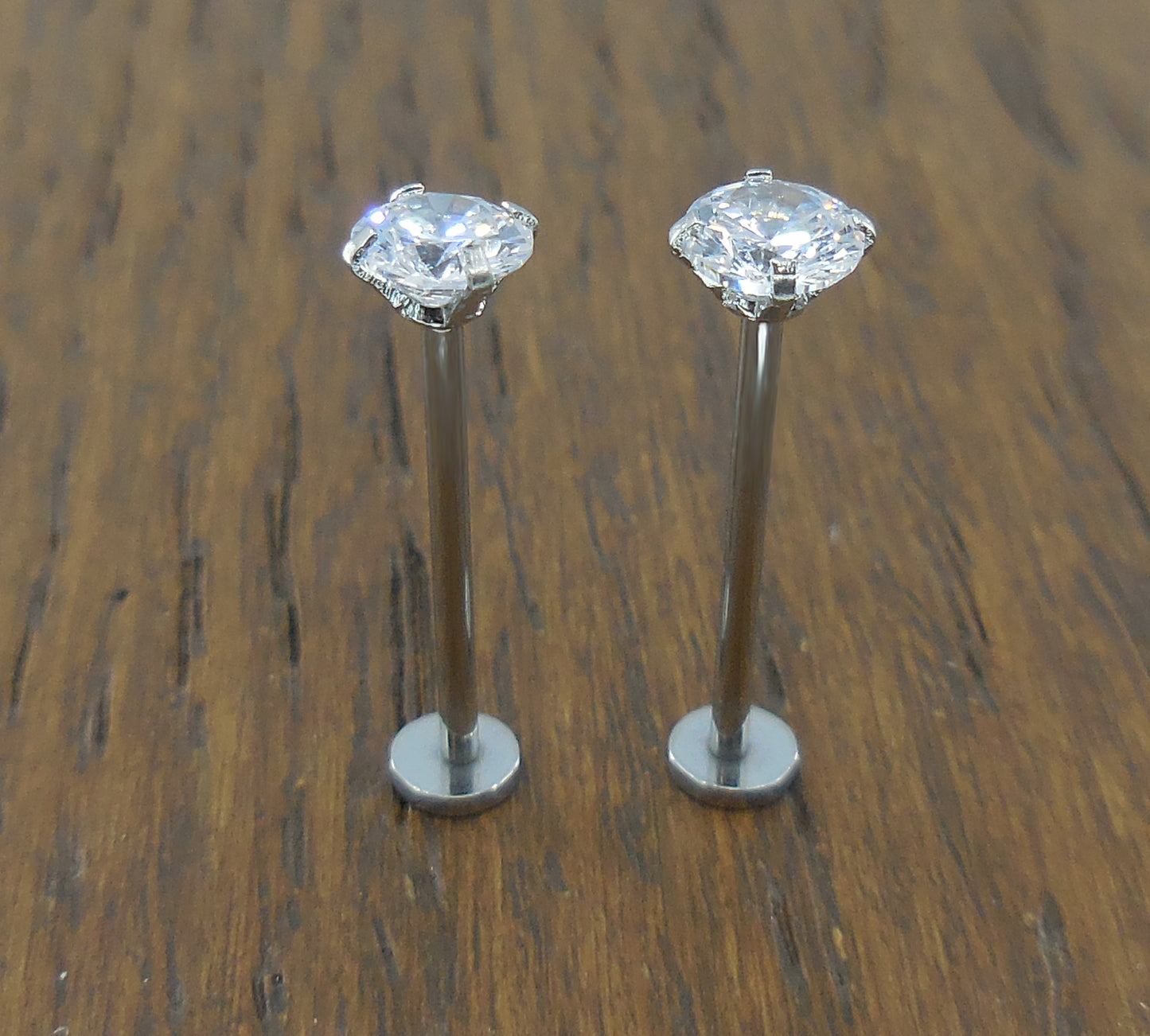 Cheek Piercings Pair Dimple Maker Prong Set 5mm Clear Crystal CZ 16G 14mm, 16mm, 19mm Surgical Stainless Steel Internally Threaded Rings