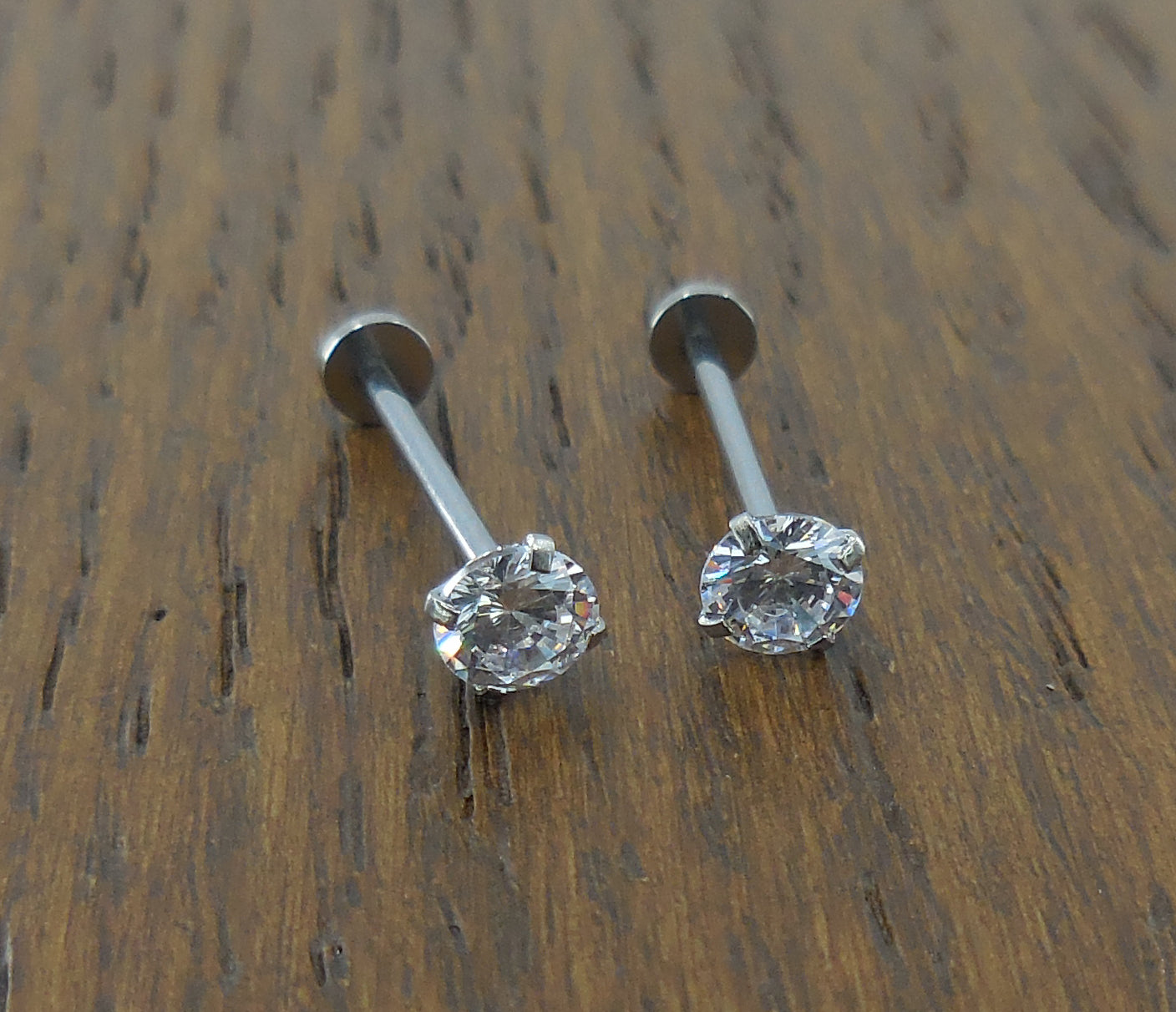 Cheek Piercings Pair Dimple Maker Prong Set 5mm Clear Crystal CZ 16G 14mm, 16mm, 19mm Surgical Stainless Steel Internally Threaded Rings