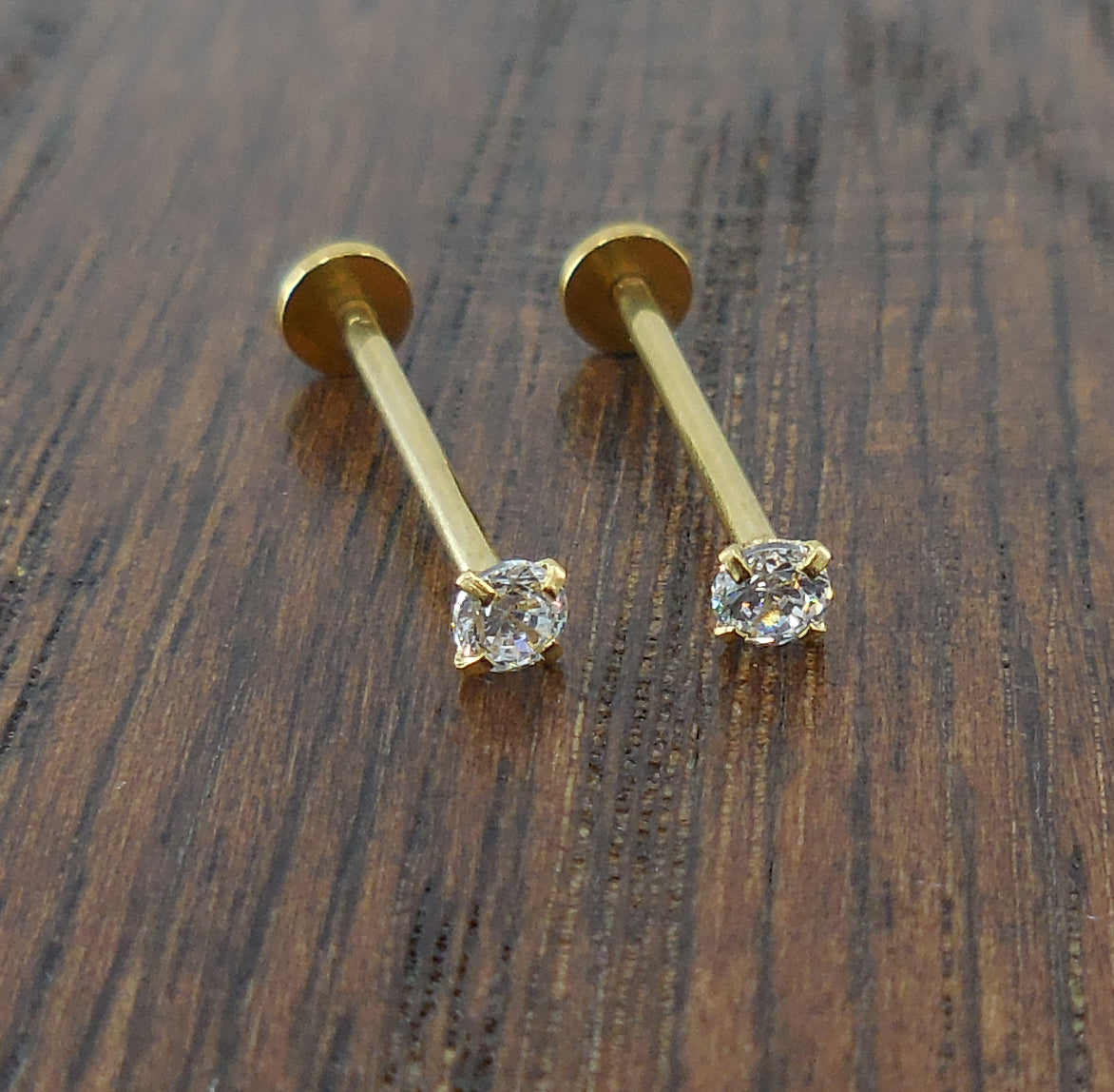 Cheek Piercings Pair Dimple Maker Prong Set 3mm Clear Crystal CZ 16G 14mm, 16mm, 19mm Gold Titanium Anodized Internally Threaded Rings