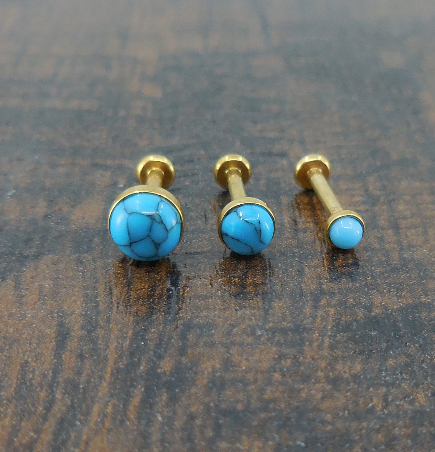16G, 18G, 20G 2-4mm Gold Tone Natural Turquoise Stone Threadless 5-10mm Push Pin Triple Helix Nose Ring Lip Earrings Steel Cartilage