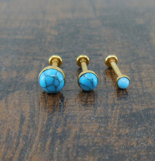 16G, 18G, 20G 2-4mm Gold Tone Natural Turquoise Stone Threadless 5-10mm Push Pin Triple Helix Nose Ring Lip Earrings Steel Cartilage