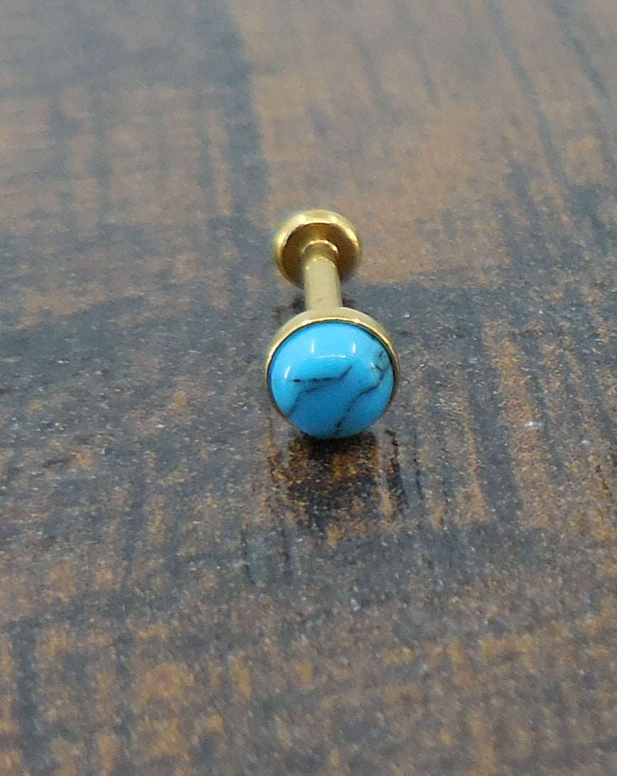 16G, 18G, 20G 2-4mm Gold Tone Natural Turquoise Stone Threadless 5-10mm Push Pin Triple Helix Nose Ring Lip Earrings Steel Cartilage