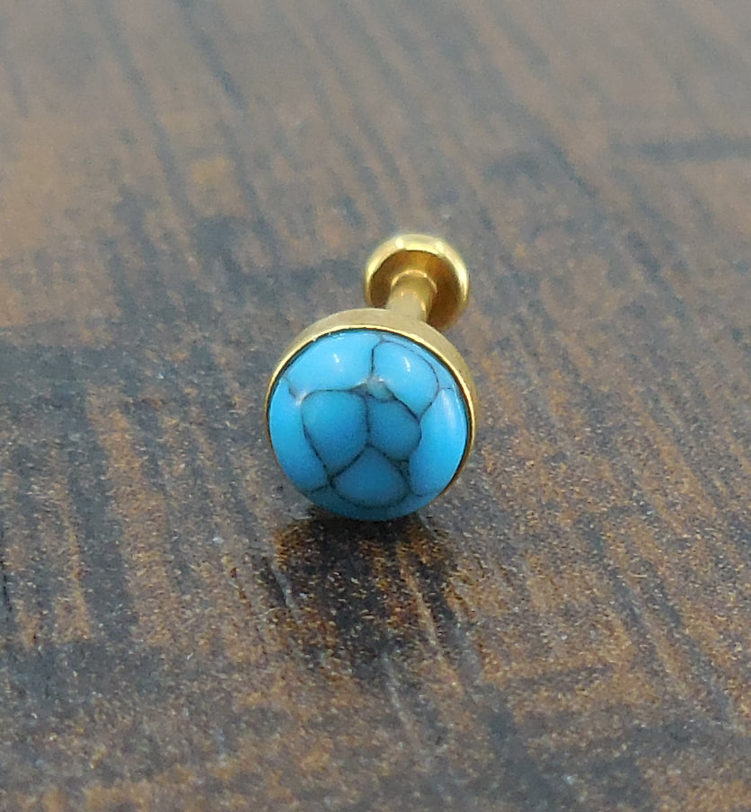 16G, 18G, 20G 2-4mm Gold Tone Natural Turquoise Stone Threadless 5-10mm Push Pin Triple Helix Nose Ring Lip Earrings Steel Cartilage