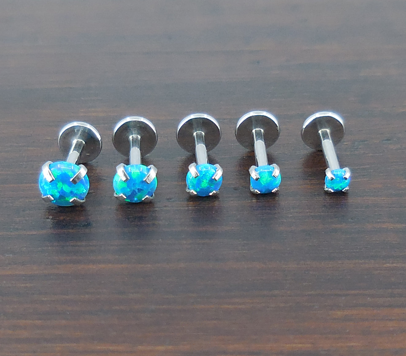 16G-18G-20G 2-4mm Aqua Ocean Aquamarine Blue Opal Stone Threadless 5-10mm Push Pin Triple Helix Nose Ring Earrings Prong Set Cartilage Rings