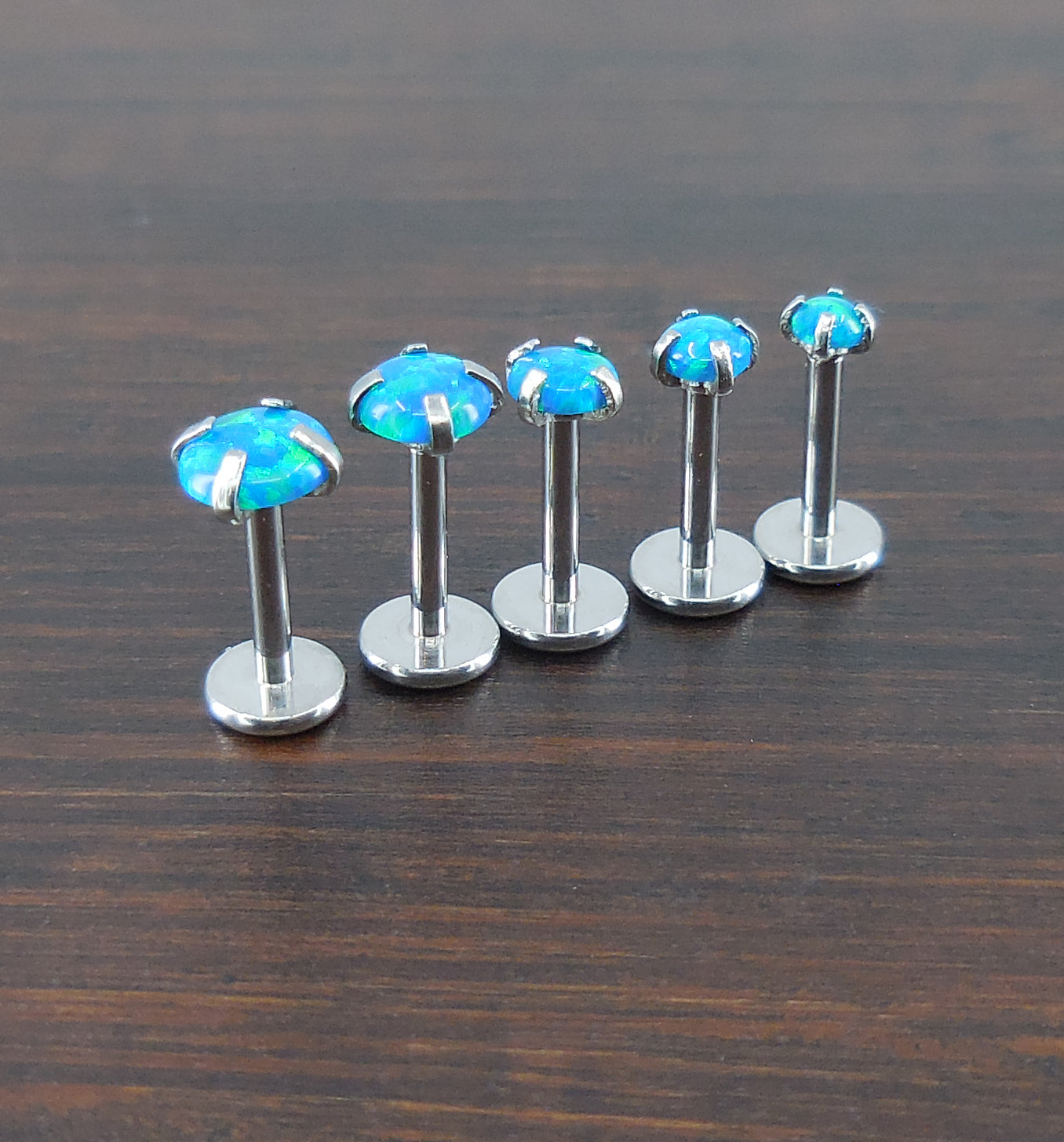 16G-18G-20G 2-4mm Aqua Ocean Aquamarine Blue Opal Stone Threadless 5-10mm Push Pin Triple Helix Nose Ring Earrings Prong Set Cartilage Rings