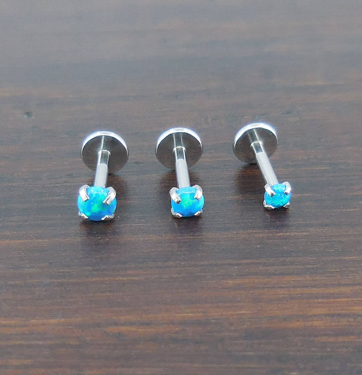16G-18G-20G 2-4mm Aqua Ocean Aquamarine Blue Opal Stone Threadless 5-10mm Push Pin Triple Helix Nose Ring Earrings Prong Set Cartilage Rings