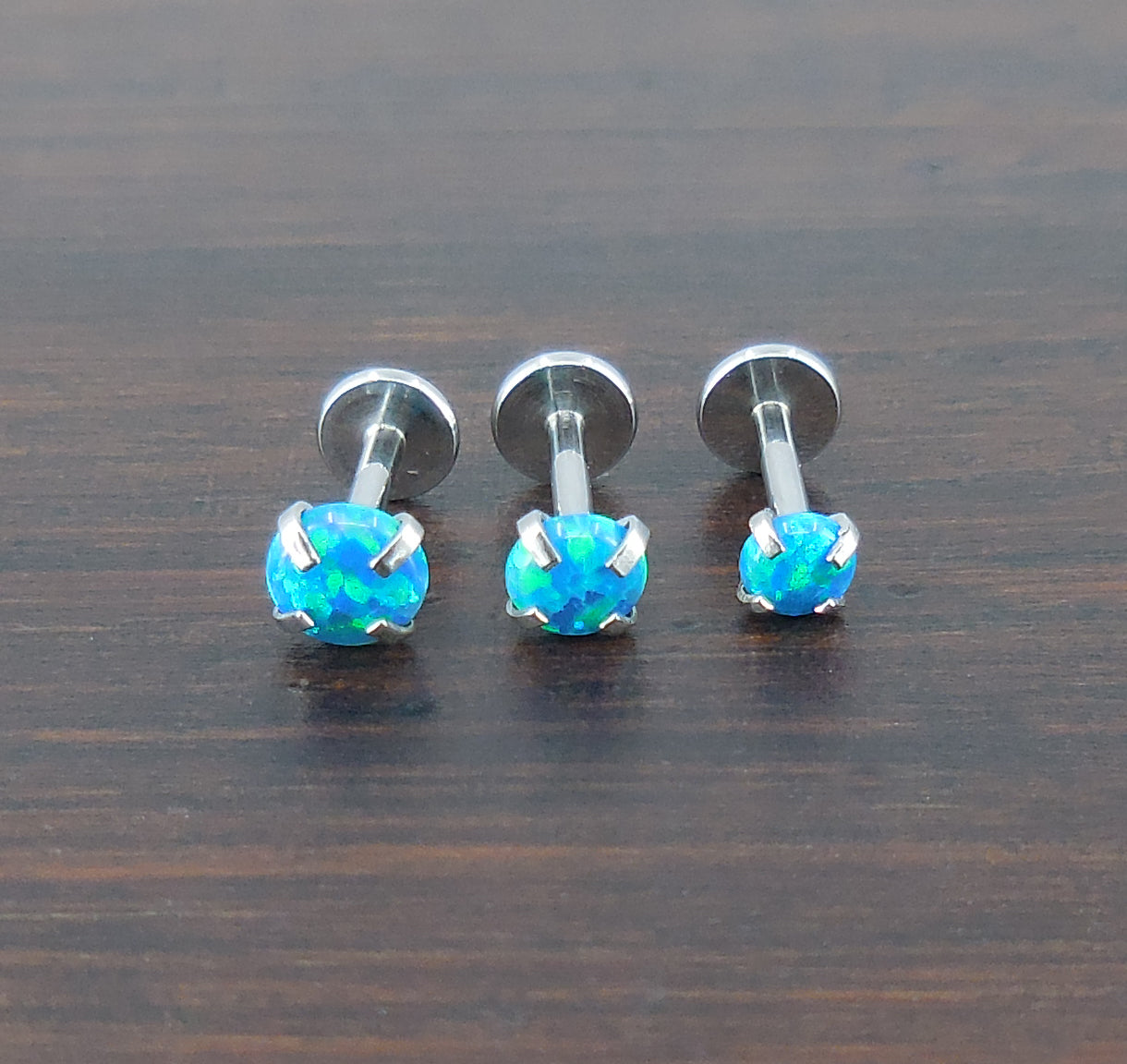 16G-18G-20G 2-4mm Aqua Ocean Aquamarine Blue Opal Stone Threadless 5-10mm Push Pin Triple Helix Nose Ring Earrings Prong Set Cartilage Rings