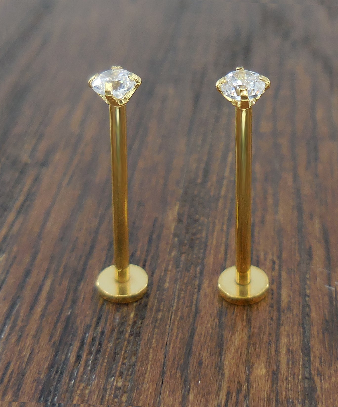 Cheek Piercings Pair Dimple Maker Prong Set 3mm Clear Crystal CZ 16G 14mm, 16mm, 19mm Gold Titanium Anodized Internally Threaded Rings