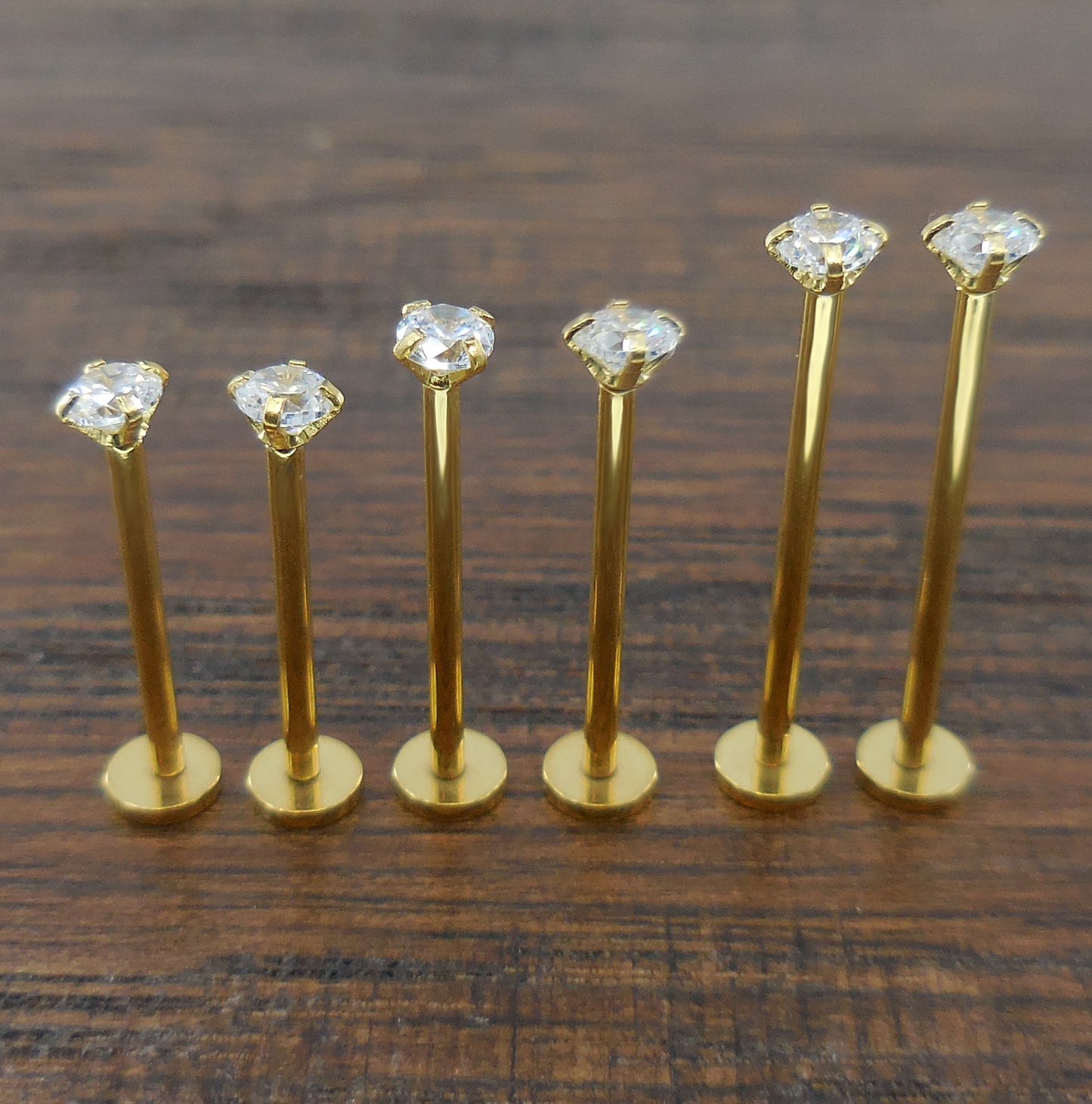 Cheek Piercings Pair Dimple Maker Prong Set 3mm Clear Crystal CZ 16G 14mm, 16mm, 19mm Gold Titanium Anodized Internally Threaded Rings