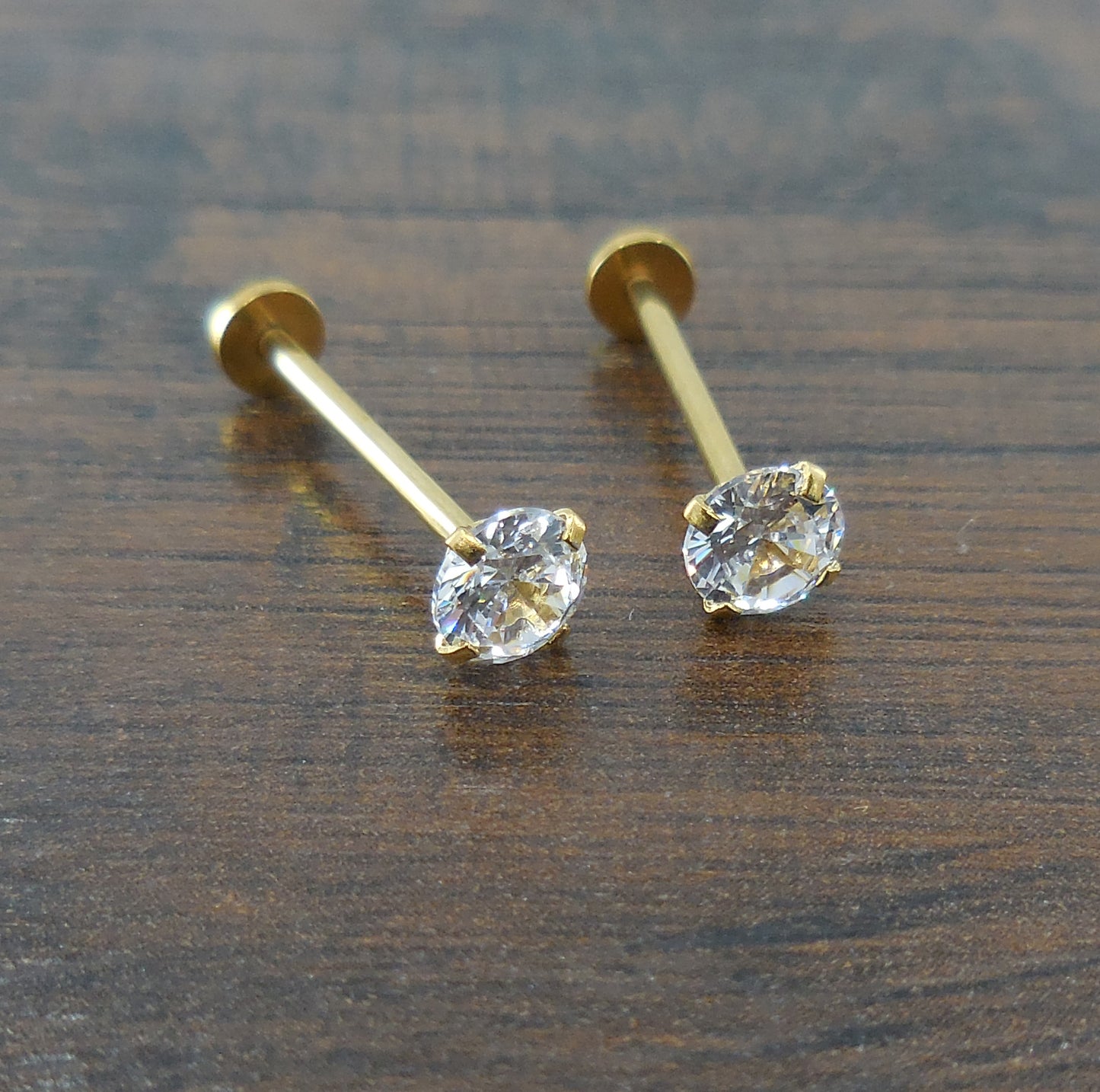 Cheek Piercings 5mm Clear Crystal CZ Pair Dimple Maker Prong Set 16G 14mm, 16mm, 19mm Internally Threaded Rings Gold Titanium Anodized