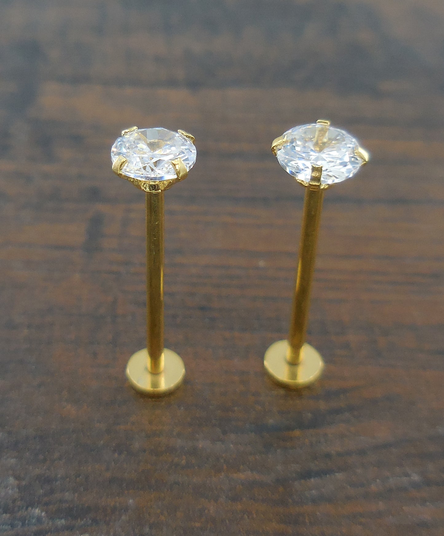 Cheek Piercings 5mm Clear Crystal CZ Pair Dimple Maker Prong Set 16G 14mm, 16mm, 19mm Internally Threaded Rings Gold Titanium Anodized