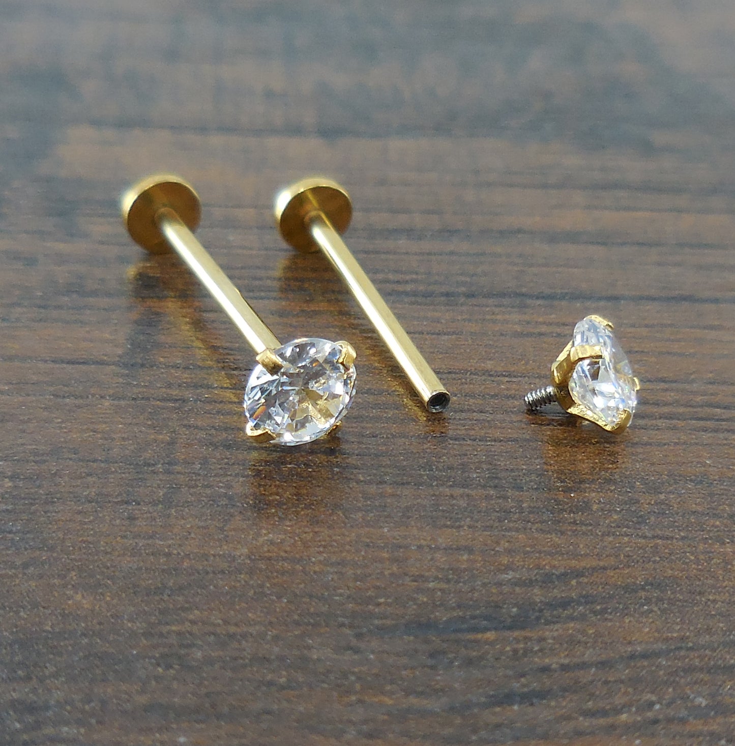 Cheek Piercings 5mm Clear Crystal CZ Pair Dimple Maker Prong Set 16G 14mm, 16mm, 19mm Internally Threaded Rings Gold Titanium Anodized