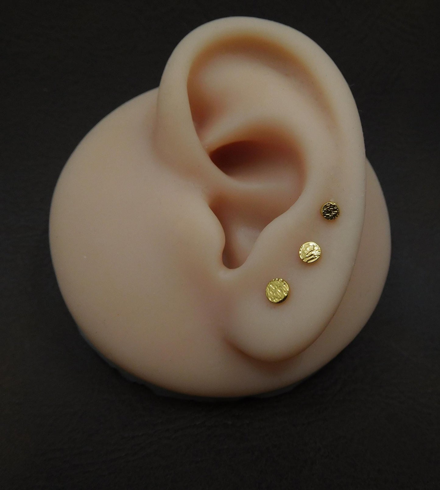 Small Flat Disc Hammered Circle Stud Earrings, Threadless Push Pin Style Gold Tone Nose Ring, 16G, 18G, 20G Unique Rustic Look Earrings