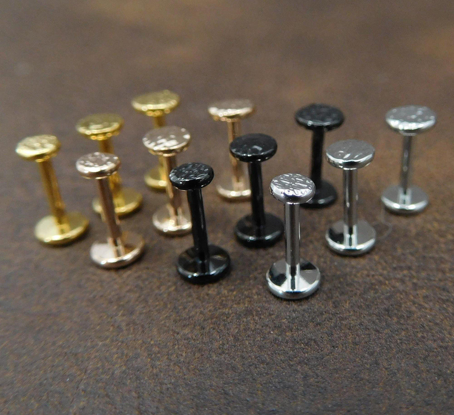 Small Flat Disc Hammered Circle Stud Earrings, Threadless Push Pin Style Gold Tone Nose Ring, 16G, 18G, 20G Unique Rustic Look Earrings