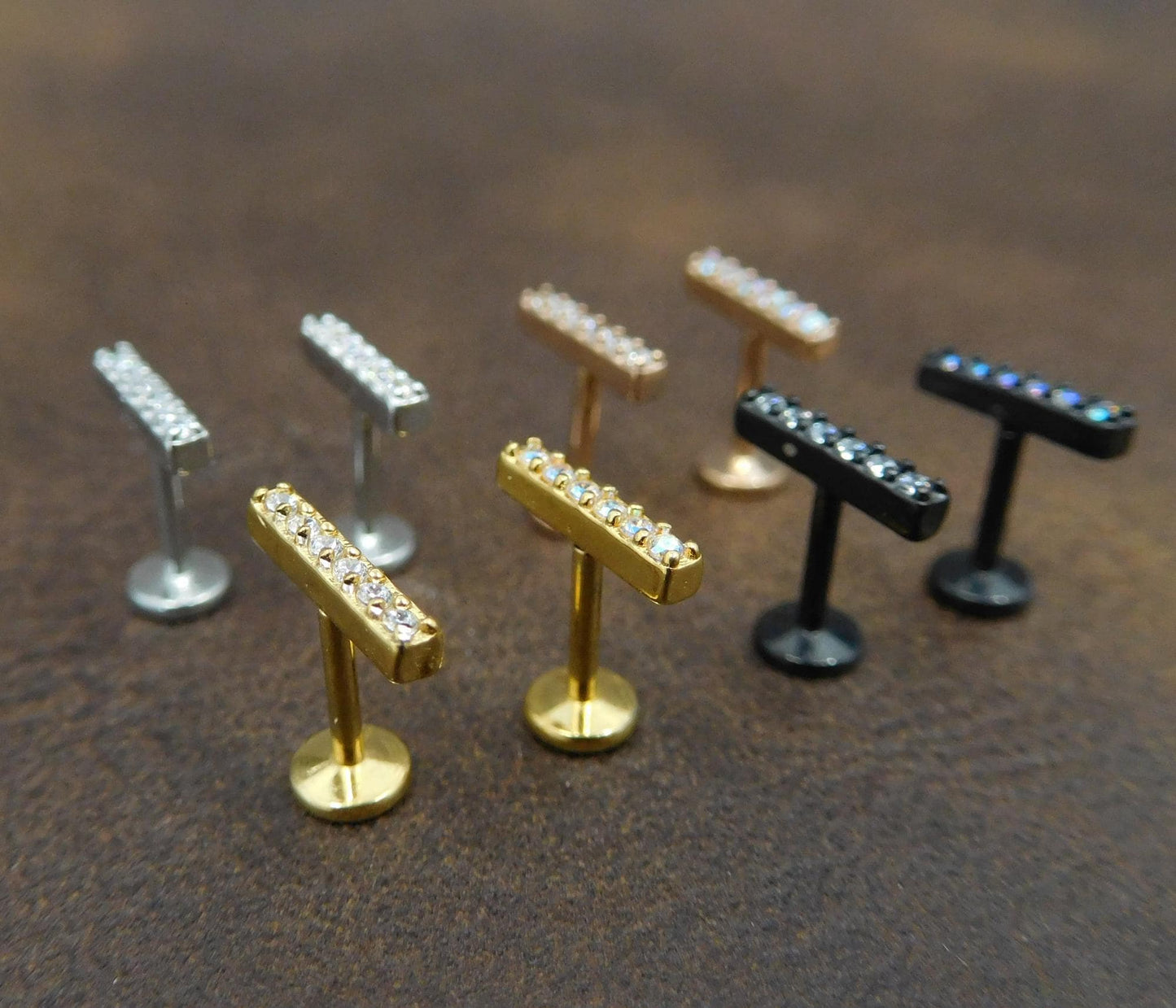 18G Clear CZ Bar Flat Back Stud Earrings, 16G Threadless Push Pin Gold Tone AB Crystal Bar Rings,  20G Unique Cubic Zirconia Stud Earrings