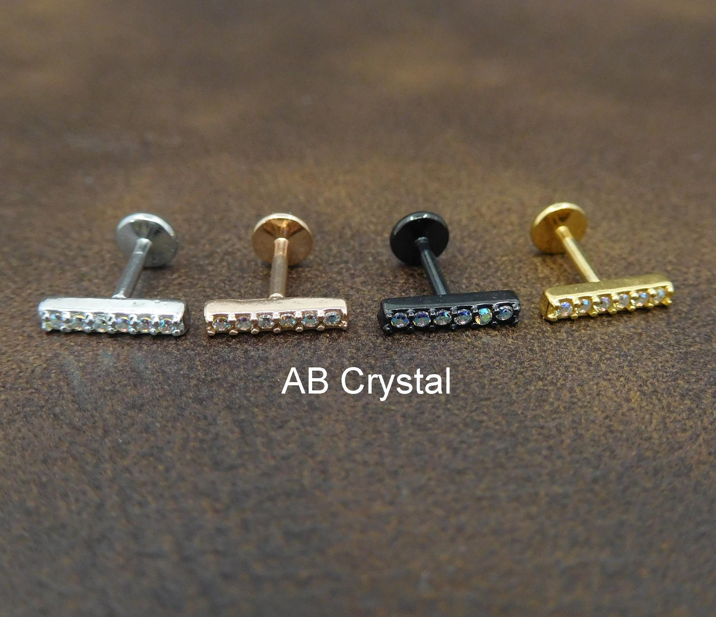 18G Clear CZ Bar Flat Back Stud Earrings, 16G Threadless Push Pin Gold Tone AB Crystal Bar Rings,  20G Unique Cubic Zirconia Stud Earrings