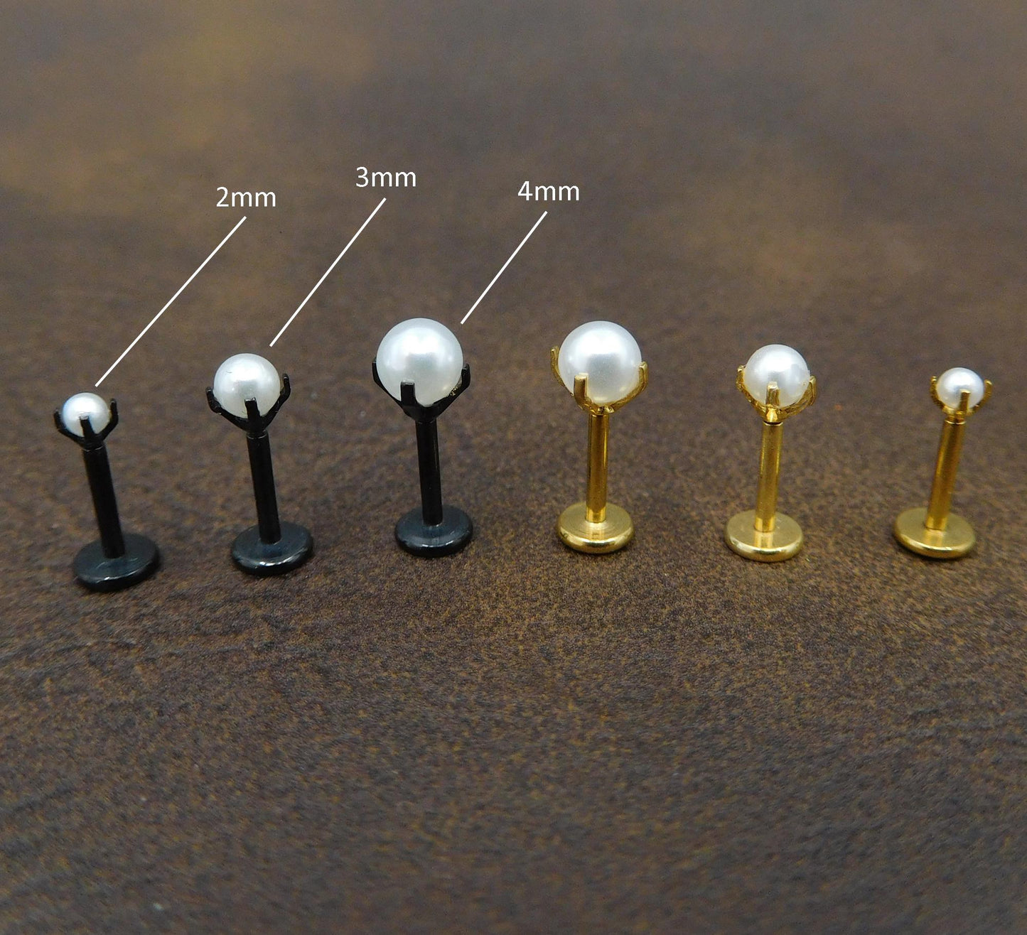 Petite Prong Pearl Threadless Stud Earrings, Push Pin Style Gold Tone Nose Ring, 16G, 18G, 20G Black-Silver Stud Earrings, Cartilage Rings