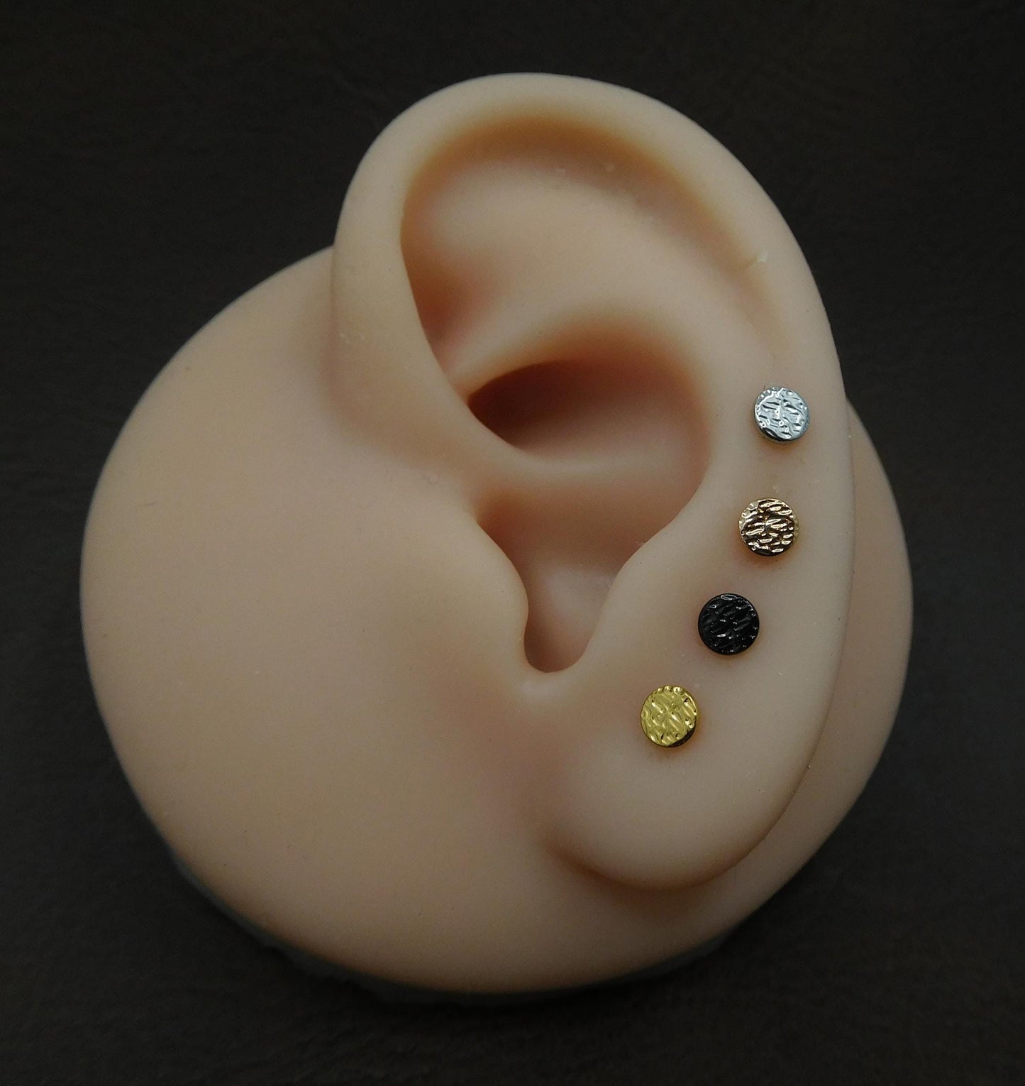 Small Flat Disc Hammered Circle Stud Earrings, Threadless Push Pin Style Gold Tone Nose Ring, 16G, 18G, 20G Unique Rustic Look Earrings