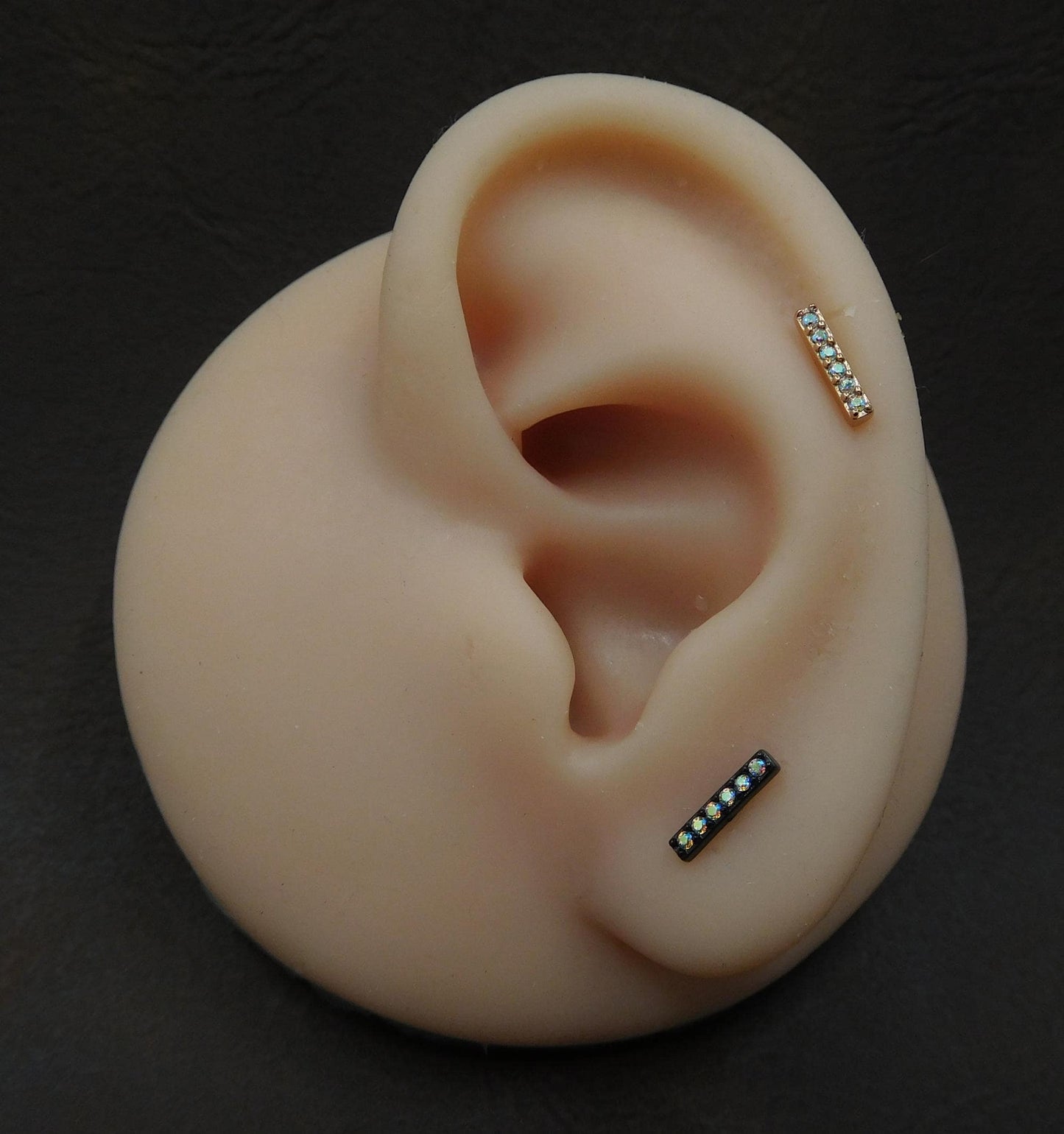 18G Clear CZ Bar Flat Back Stud Earrings, 16G Threadless Push Pin Gold Tone AB Crystal Bar Rings,  20G Unique Cubic Zirconia Stud Earrings