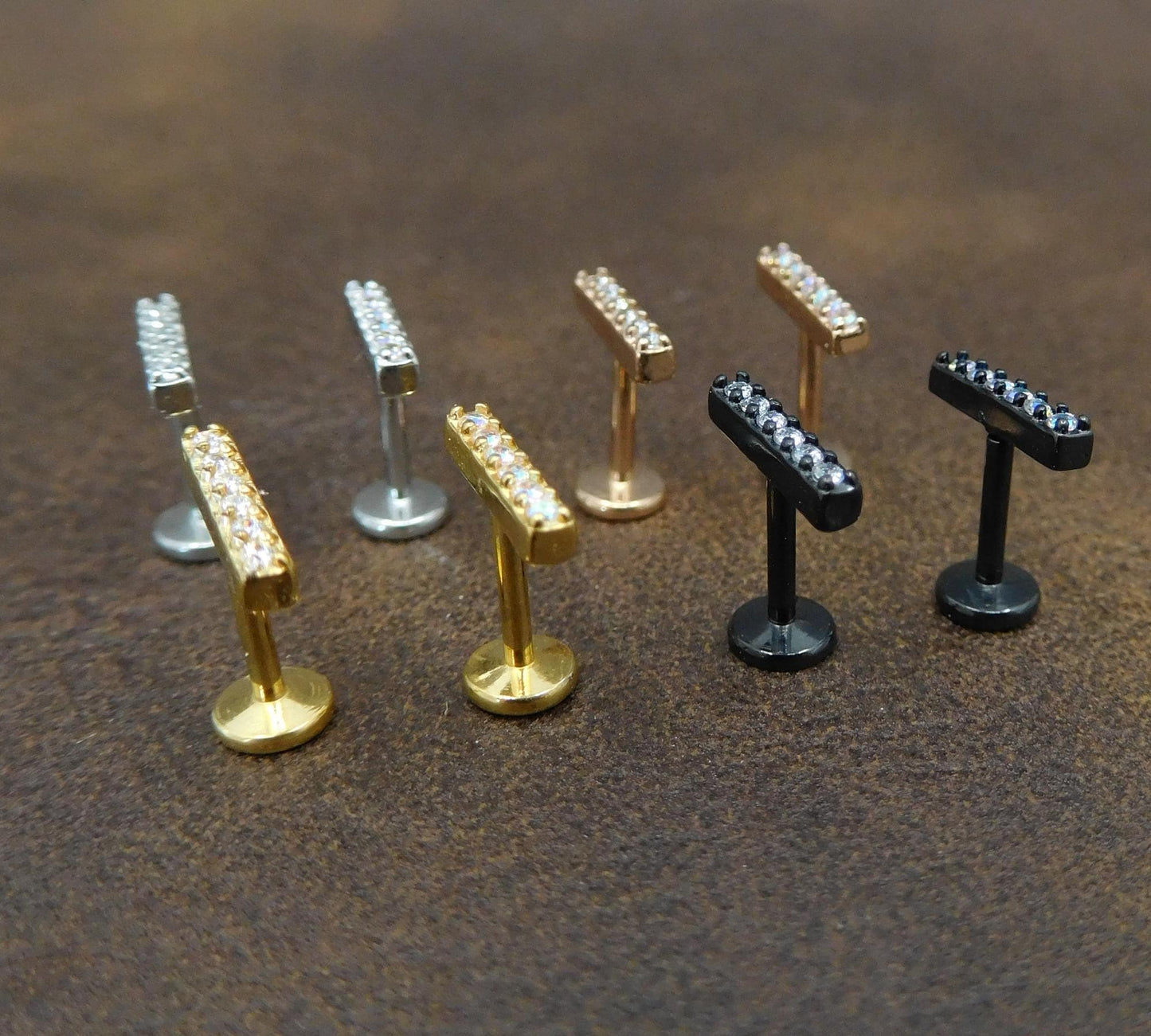 18G Clear CZ Bar Flat Back Stud Earrings, 16G Threadless Push Pin Gold Tone AB Crystal Bar Rings,  20G Unique Cubic Zirconia Stud Earrings