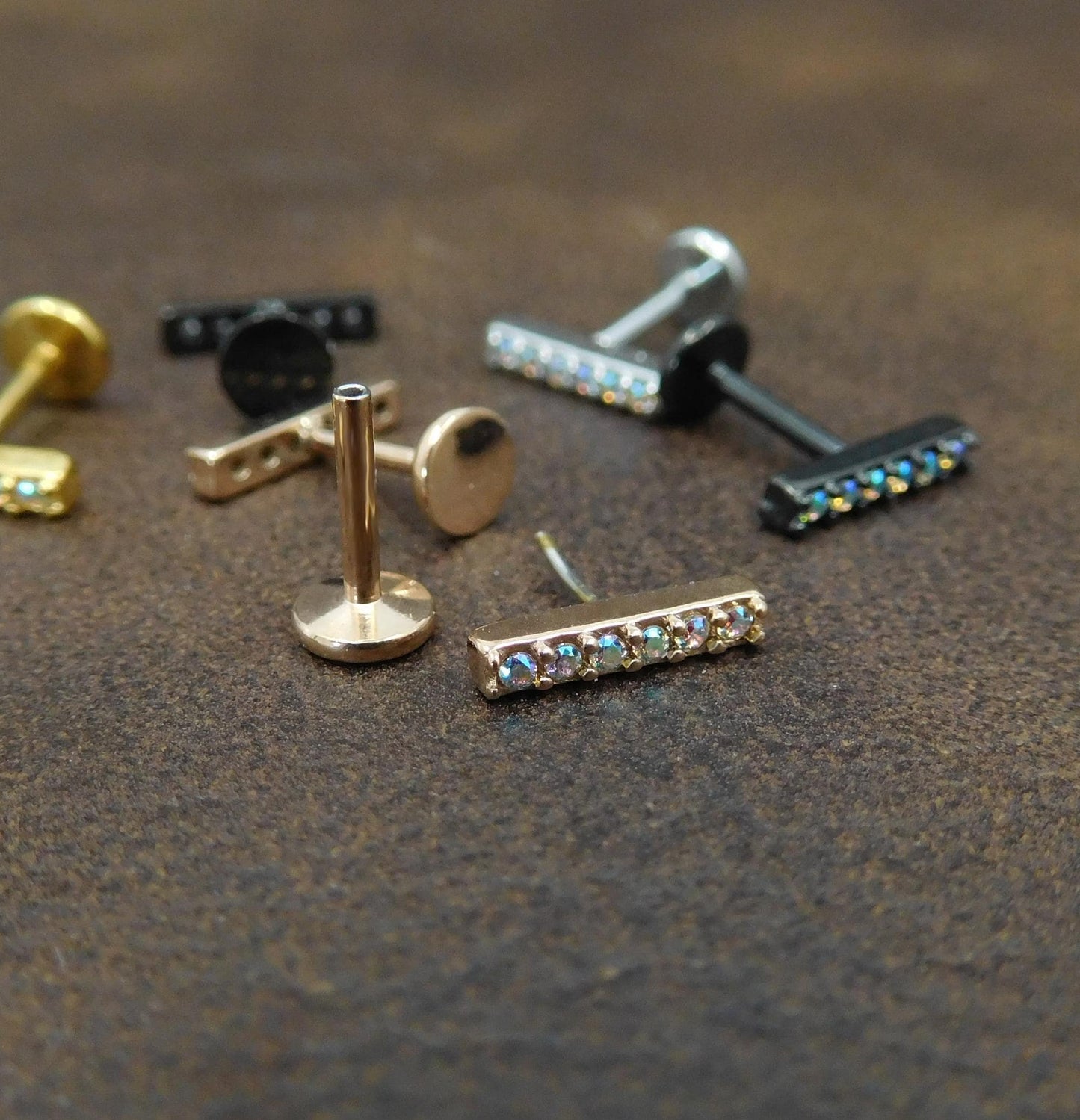 18G Clear CZ Bar Flat Back Stud Earrings, 16G Threadless Push Pin Gold Tone AB Crystal Bar Rings,  20G Unique Cubic Zirconia Stud Earrings