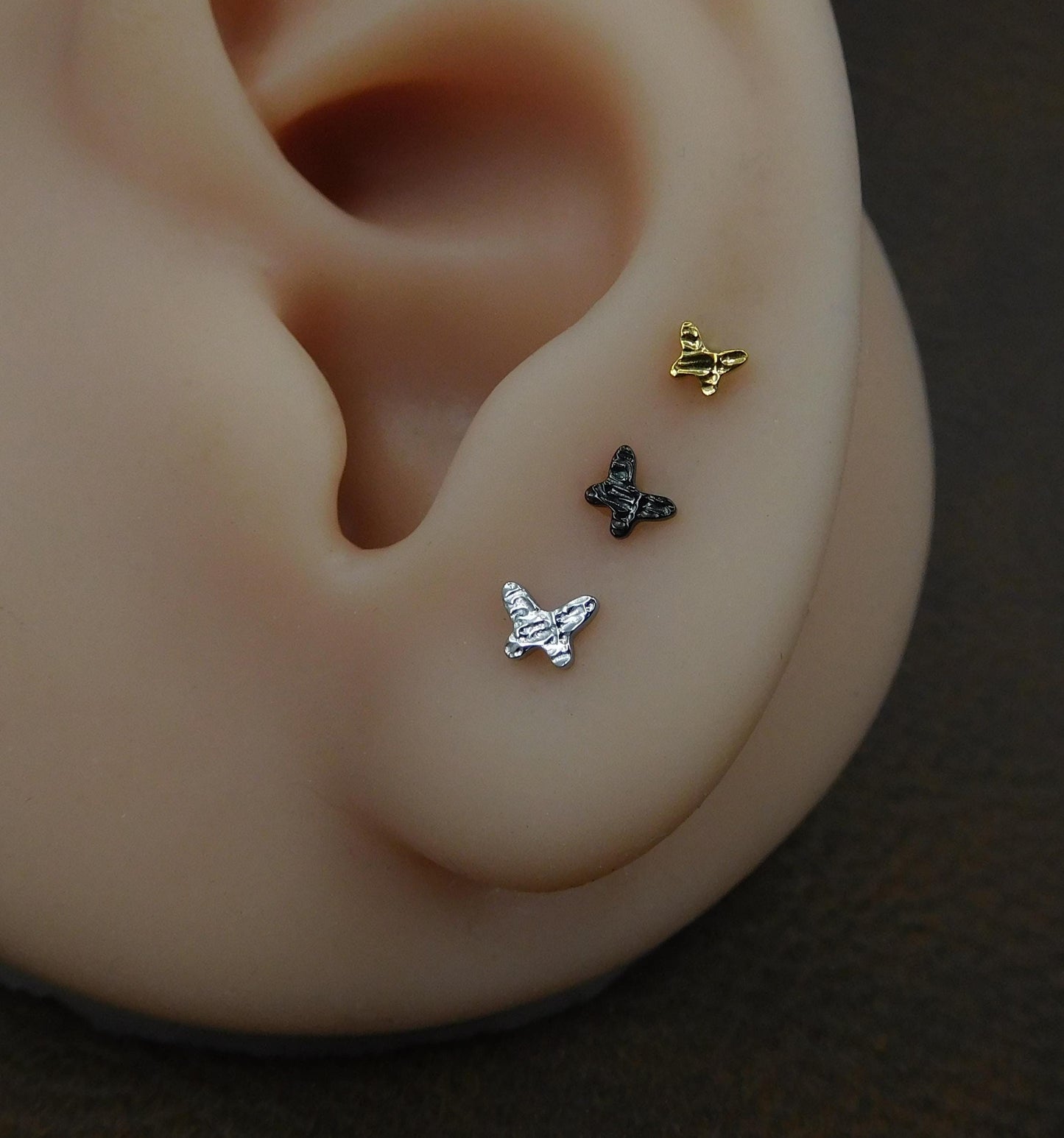 Petite 3-4mm Hammered Butterfly Stud Earrings, Threadless Push Pin Style Gold Tone Nose Ring, Unique Rustic Look Earrings, 16G, 18G, 20G