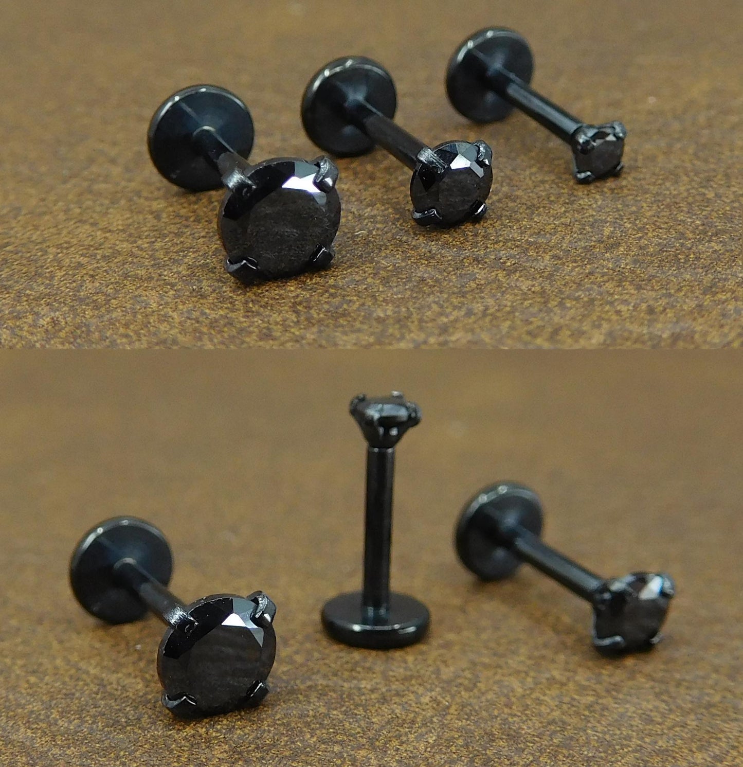 Black Crystal Prong Set Stud, Surgical Steel Flat Back, 16G 18G 20G