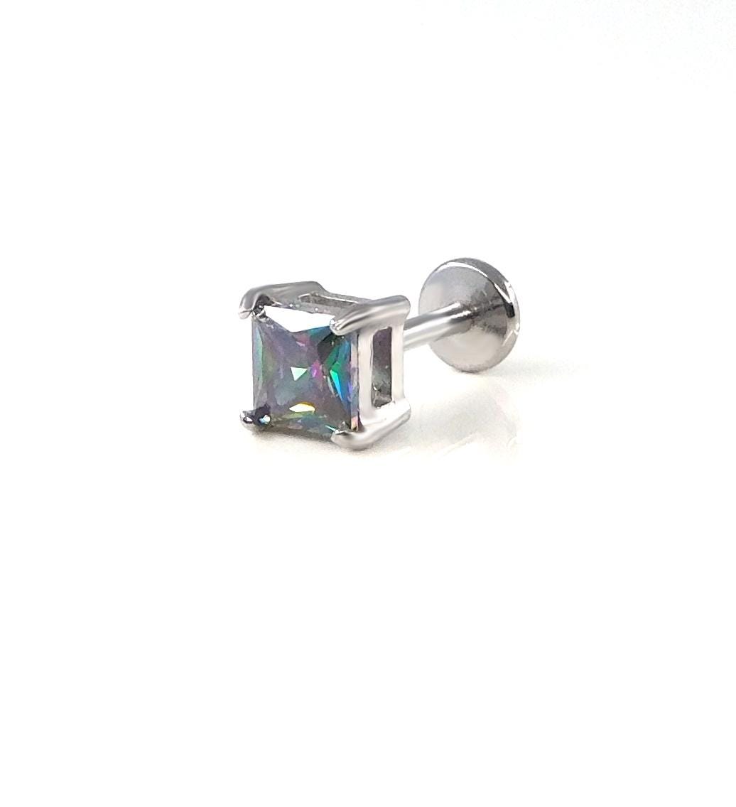 Rainbow Surgical Steel Stud Earring: Threadless Princess Cut Prong Set Labret Nose Ring