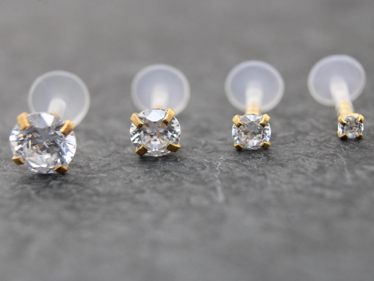 16G Gold PVD CZ Threadless Earring, BioFlex Flatback - Tiny Gold Tragus Earring - Labret Stud Earring - Forward Helix Cartilage Earring