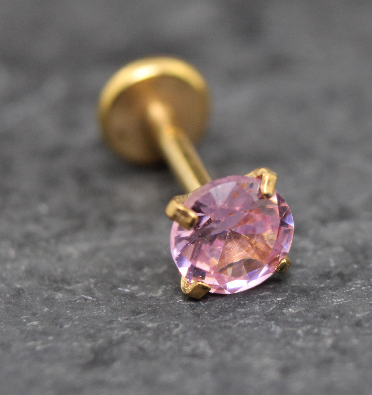 Gold Threadless Pink CZ Stud Earrings ~ Push Pin Nose Ring ~ Tragus Piercing Stud ~ Labret Cartilage Flat Back Comfortable Earring Stack