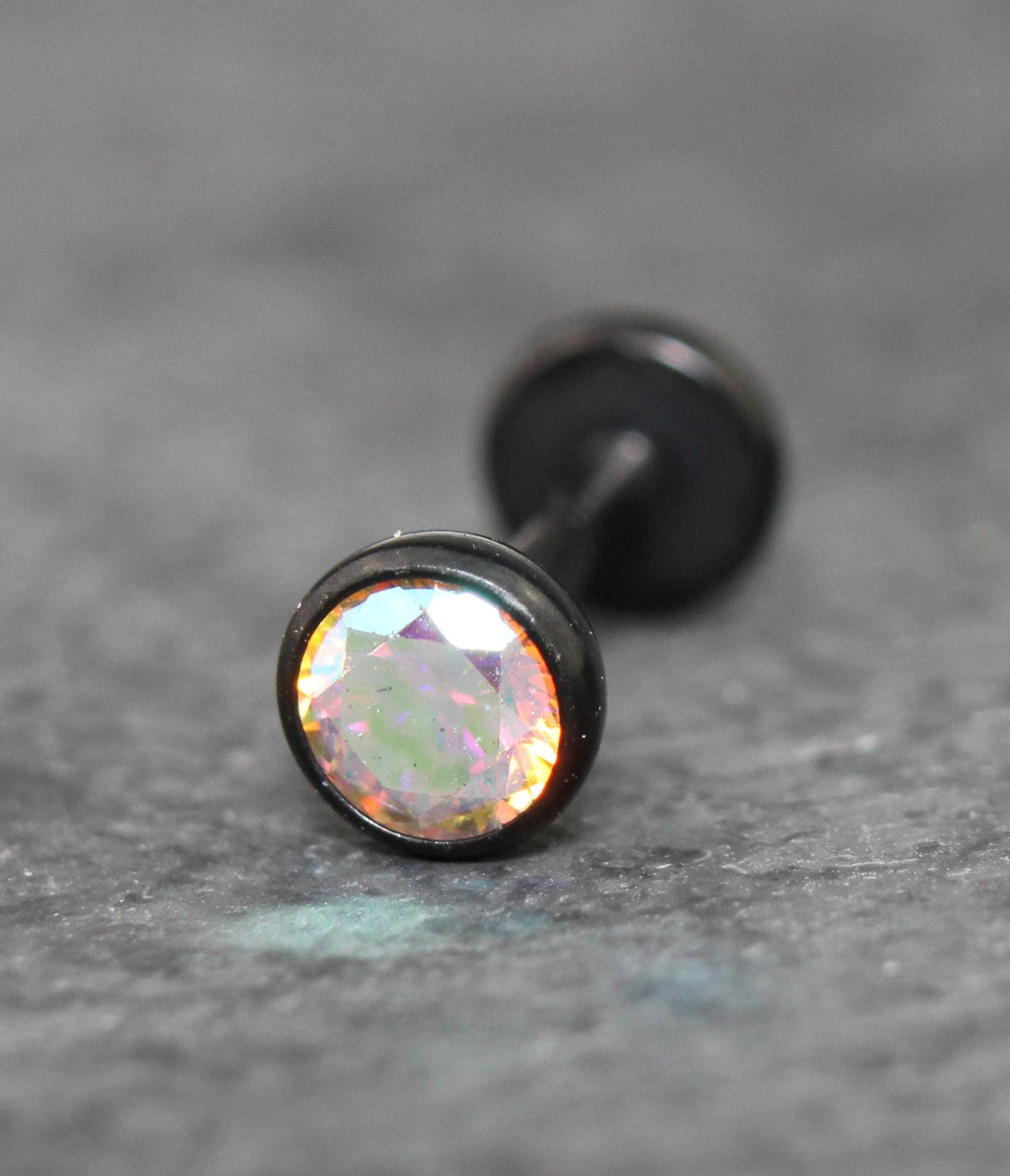 Tiny Black AB Crystal Threadless Flat Back Earring - Tragus Piercing Stud - Labret Stud Earring Stack - Helix Earring - Bezel Set Nose Ring