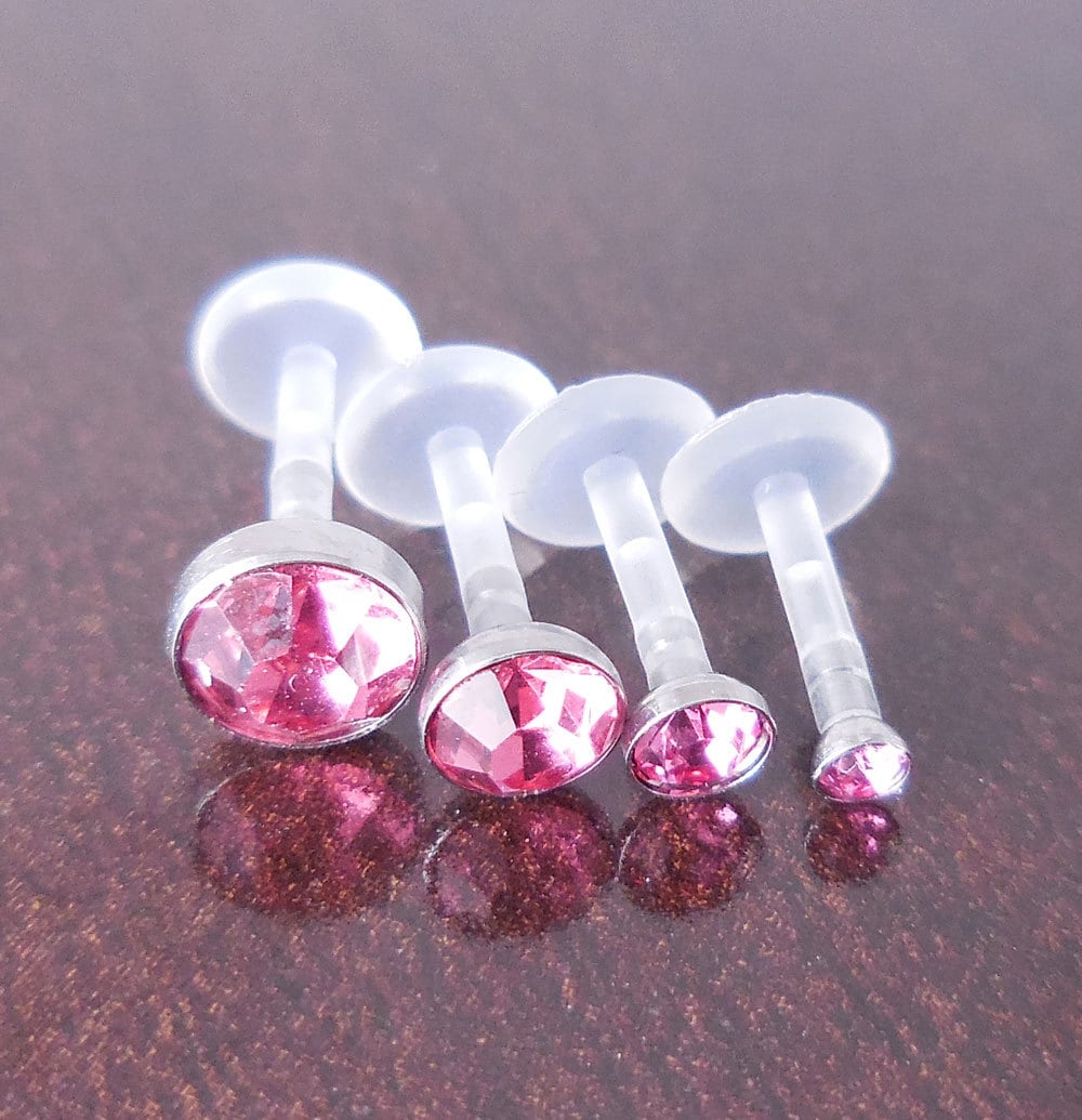 16G 6, 8 or 10mm Quad Triple Forward Helix BioFlex Earring Tragus Medusa Monroe Pink Crystal Lip Labret BioPlast Cartilage Rings
