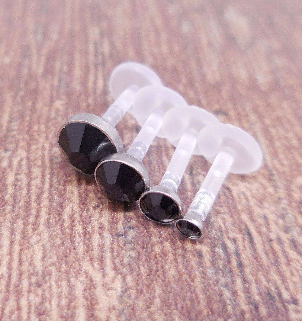 16G 6, 8, 10mm Helix BioFlex Earring Tragus Black Gothic Crystal Lip Labret BioPlast Rings