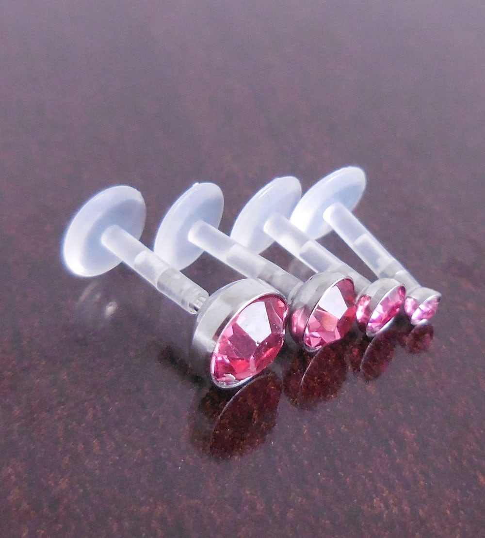 16G 6, 8 or 10mm Quad Triple Forward Helix BioFlex Earring Tragus Medusa Monroe Pink Crystal Lip Labret BioPlast Cartilage Rings