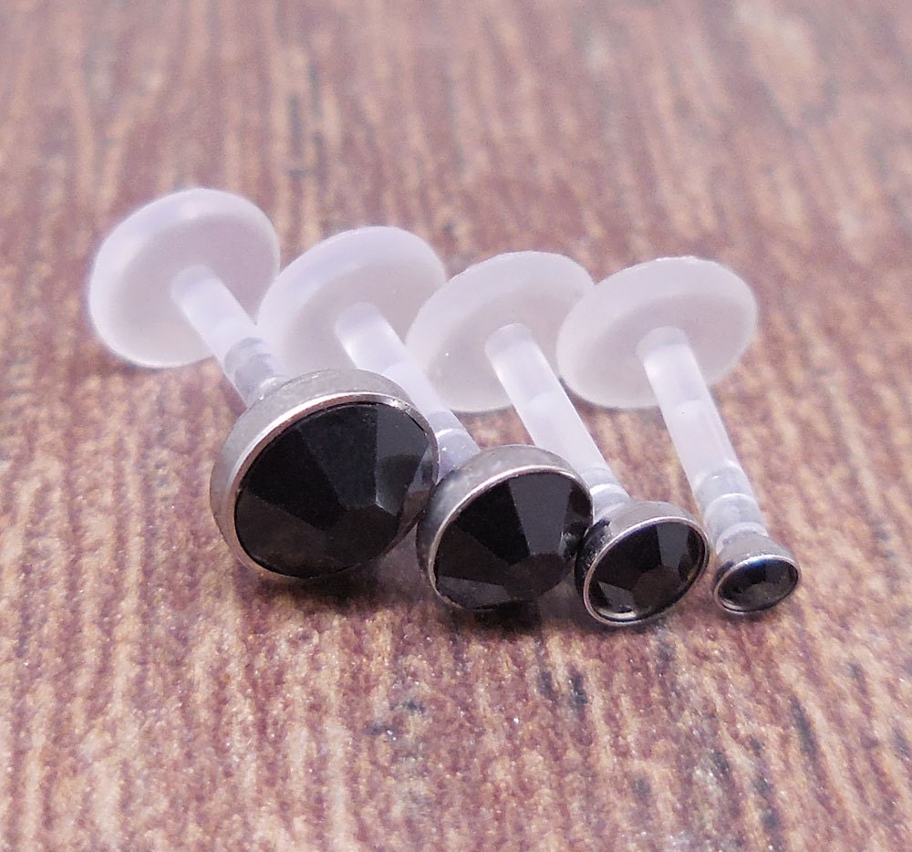 16G 6, 8, 10mm Helix BioFlex Earring Tragus Black Gothic Crystal Lip Labret BioPlast Rings