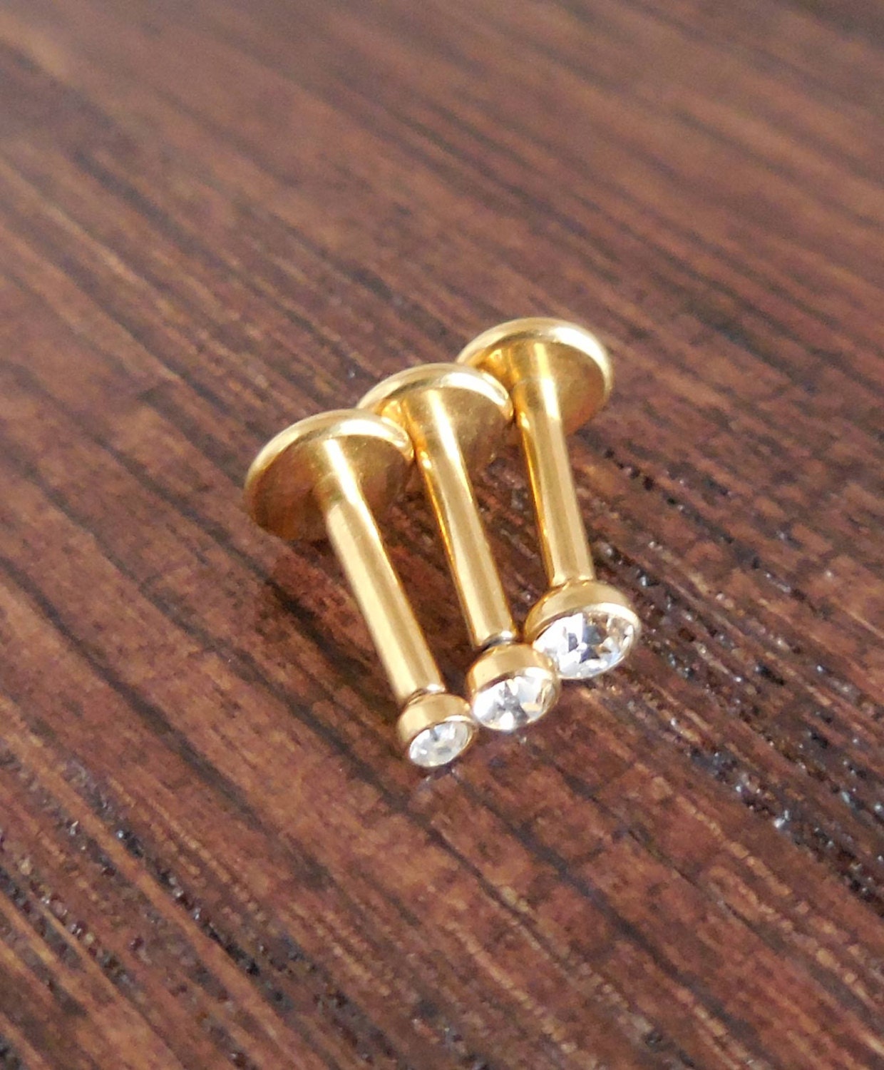 1.5,2,2.5mm Bezel Set CZ 18G 1/4" 6mm Post Triple Forward Helix Piercing Internally Threaded Cartilage Gold Tone Titanium Tragus Earring