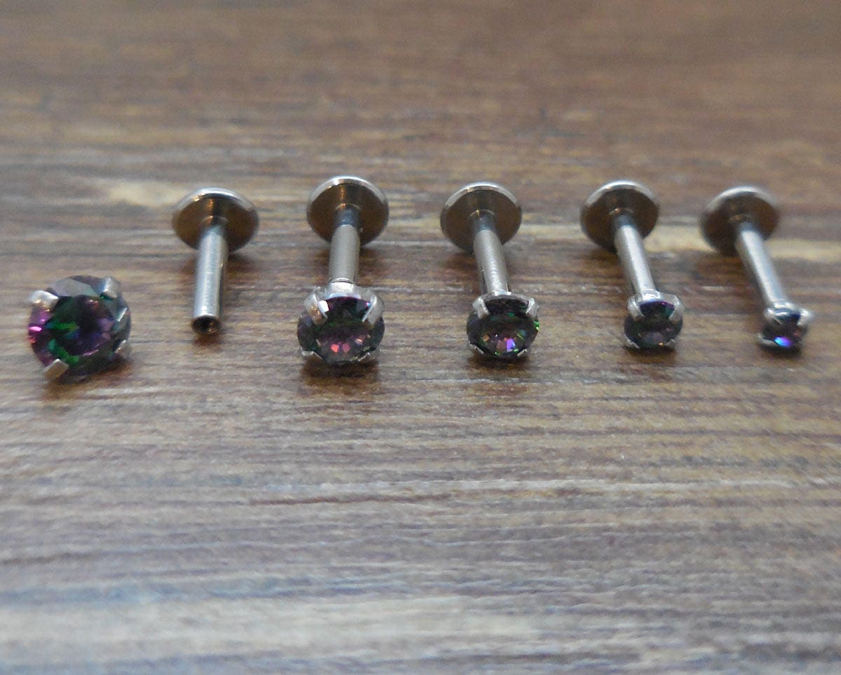 16G 2-4mm 1/4" Unique Dark Prism Prong Set Triple Helix Forward Earrings Cartilage Tragus Earring Jewelry Stud Stainless Steel 6mm Posts