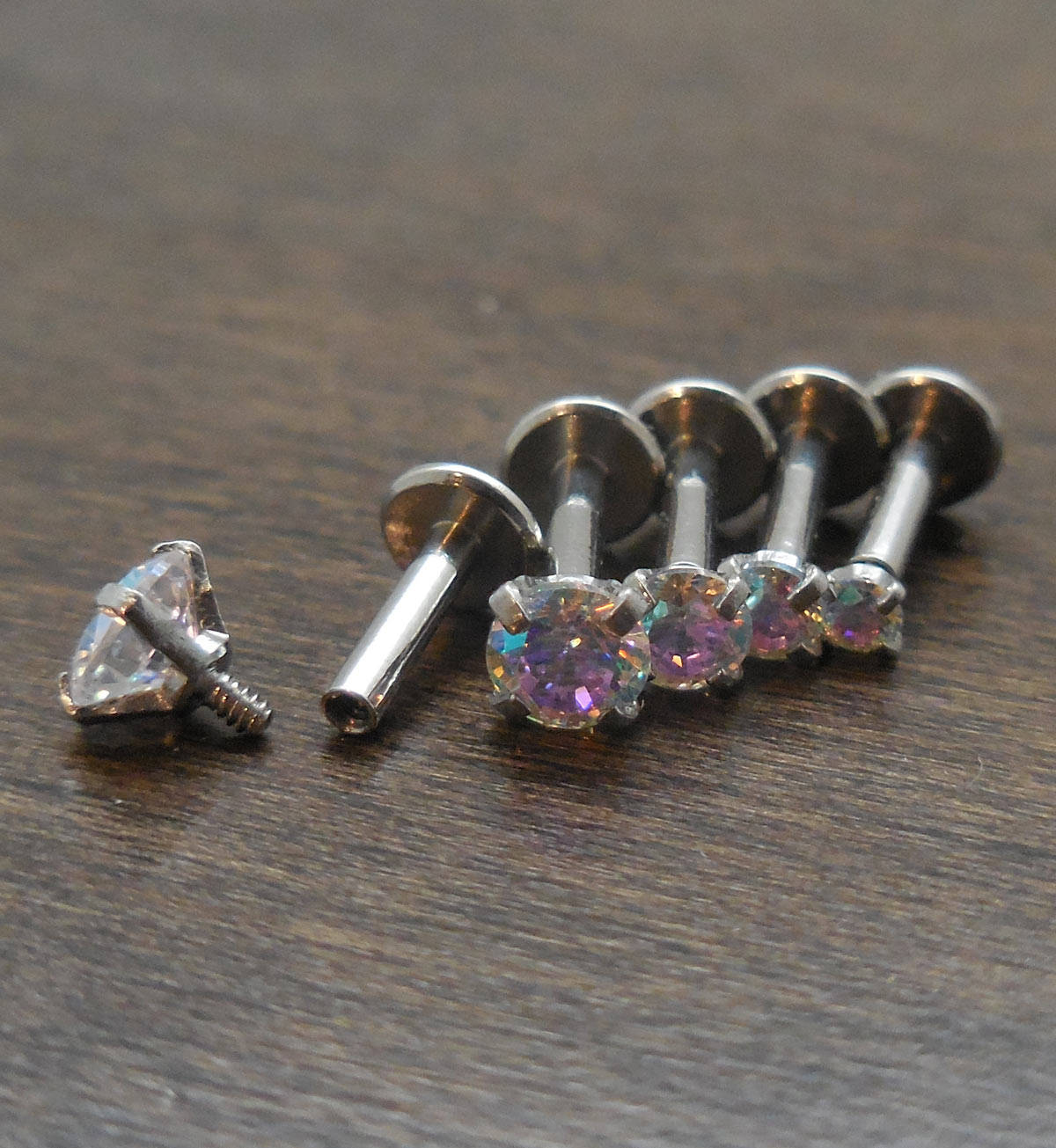 16G 6mm 1/4" Rainbow AB Crystal Triple Forward Internally Threaded Helix Earrings Cartilage Labret Stainless Steel Tragus