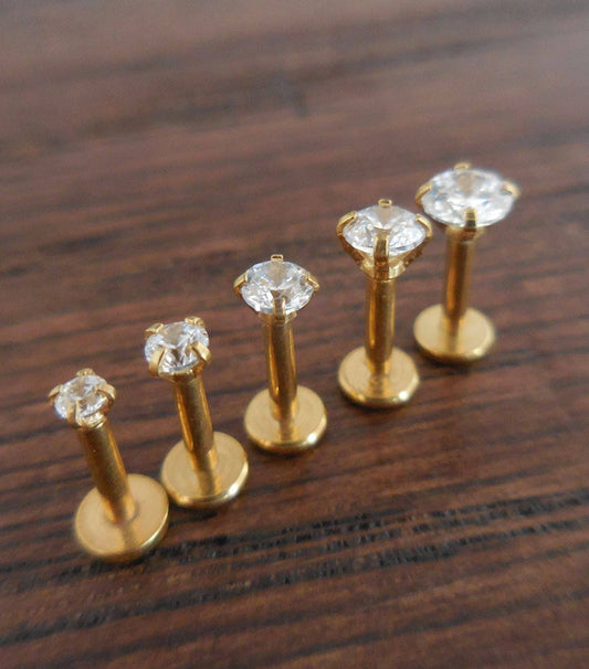 16G 6mm 1/4" 2-4mm Clear Cubic Zirconia Triple Forward Helix Cartilage Labret Golden Internally Threaded Tragus Stud Jewelry Prong Set