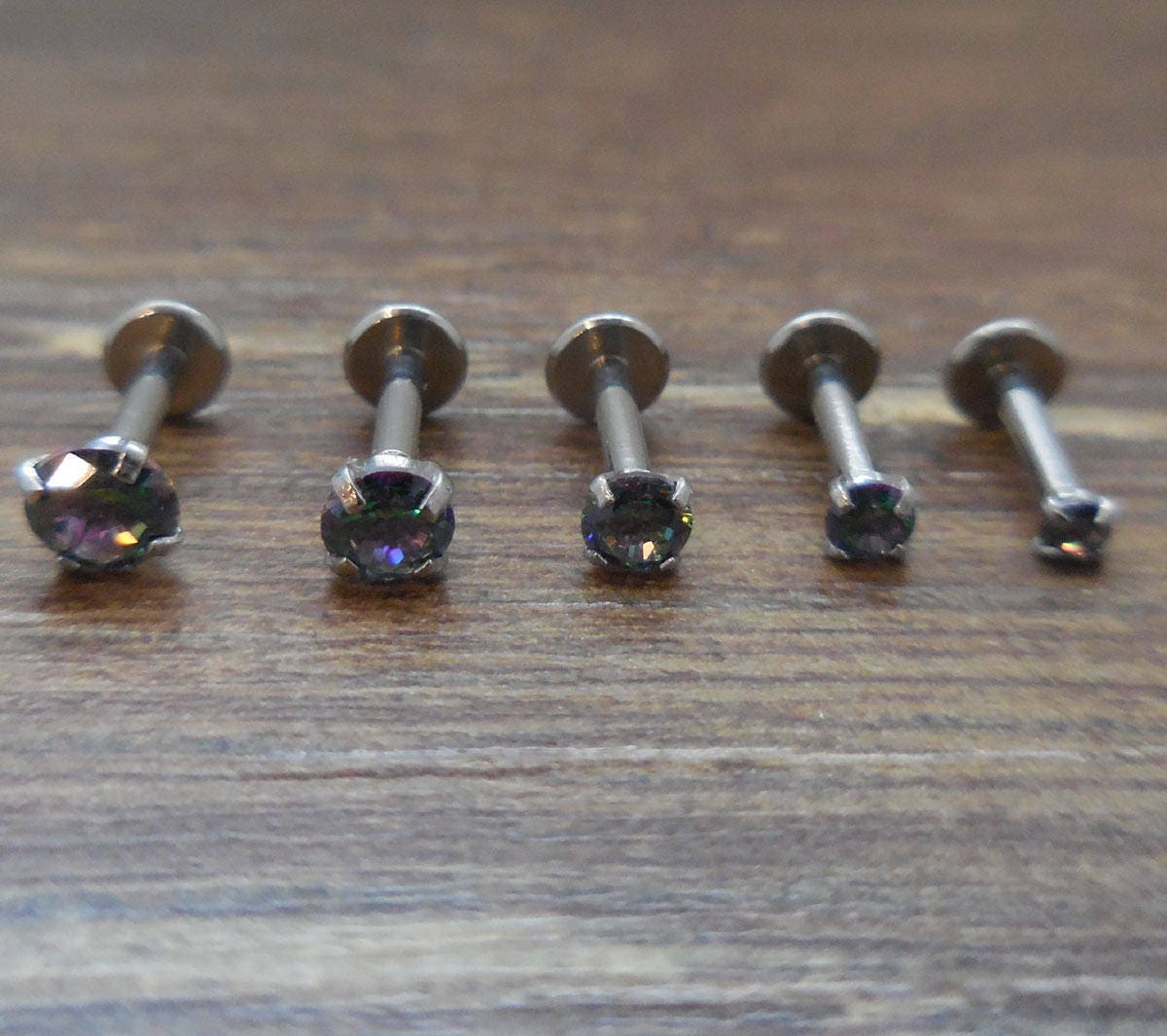 16G 2-4mm 1/4" Unique Dark Prism Prong Set Triple Helix Forward Earrings Cartilage Tragus Earring Jewelry Stud Stainless Steel 6mm Posts