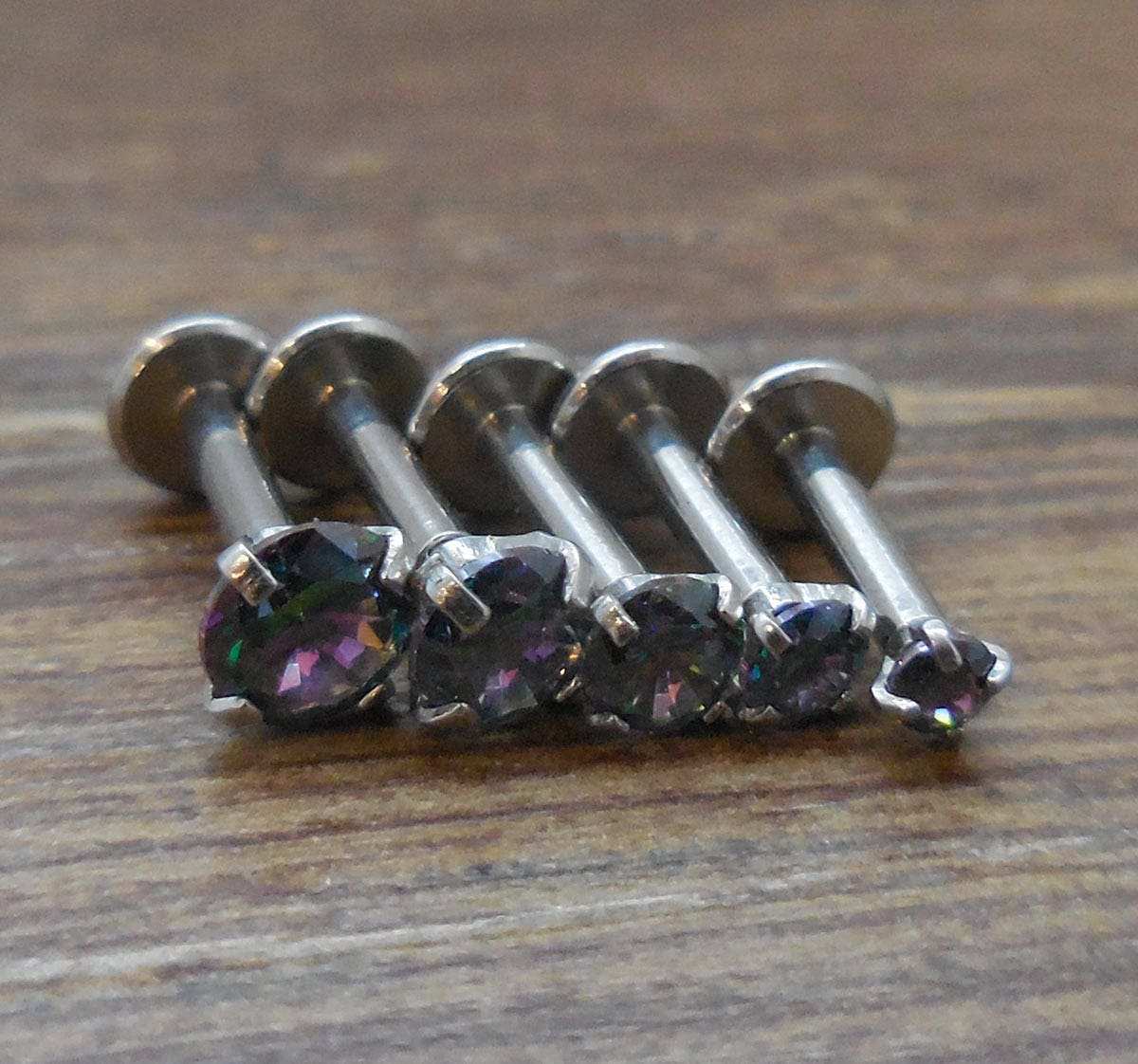 16G 2-4mm 1/4" Unique Dark Prism Prong Set Triple Helix Forward Earrings Cartilage Tragus Earring Jewelry Stud Stainless Steel 6mm Posts