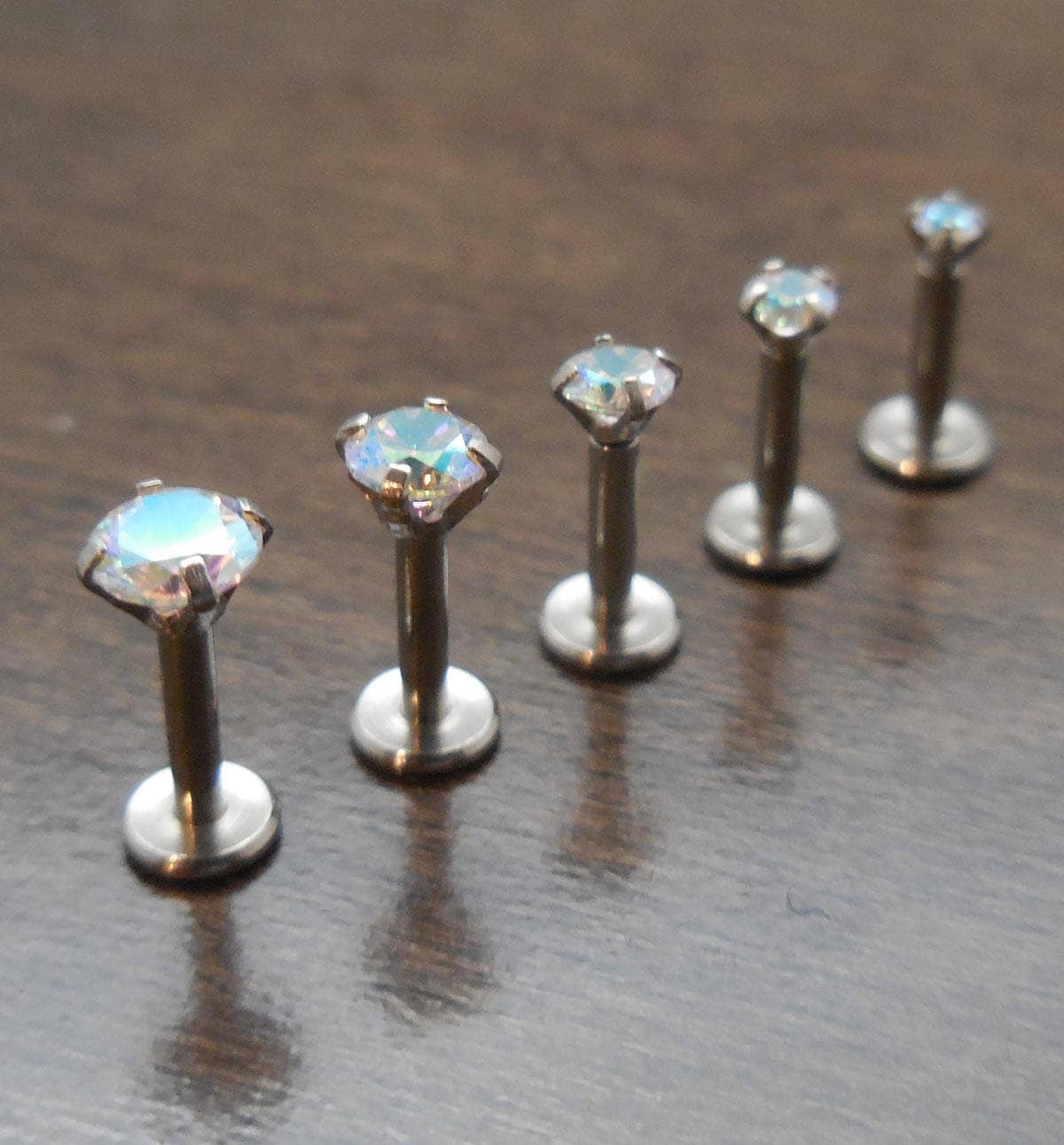 16G 6mm 1/4" Rainbow AB Crystal Triple Forward Internally Threaded Helix Earrings Cartilage Labret Stainless Steel Tragus