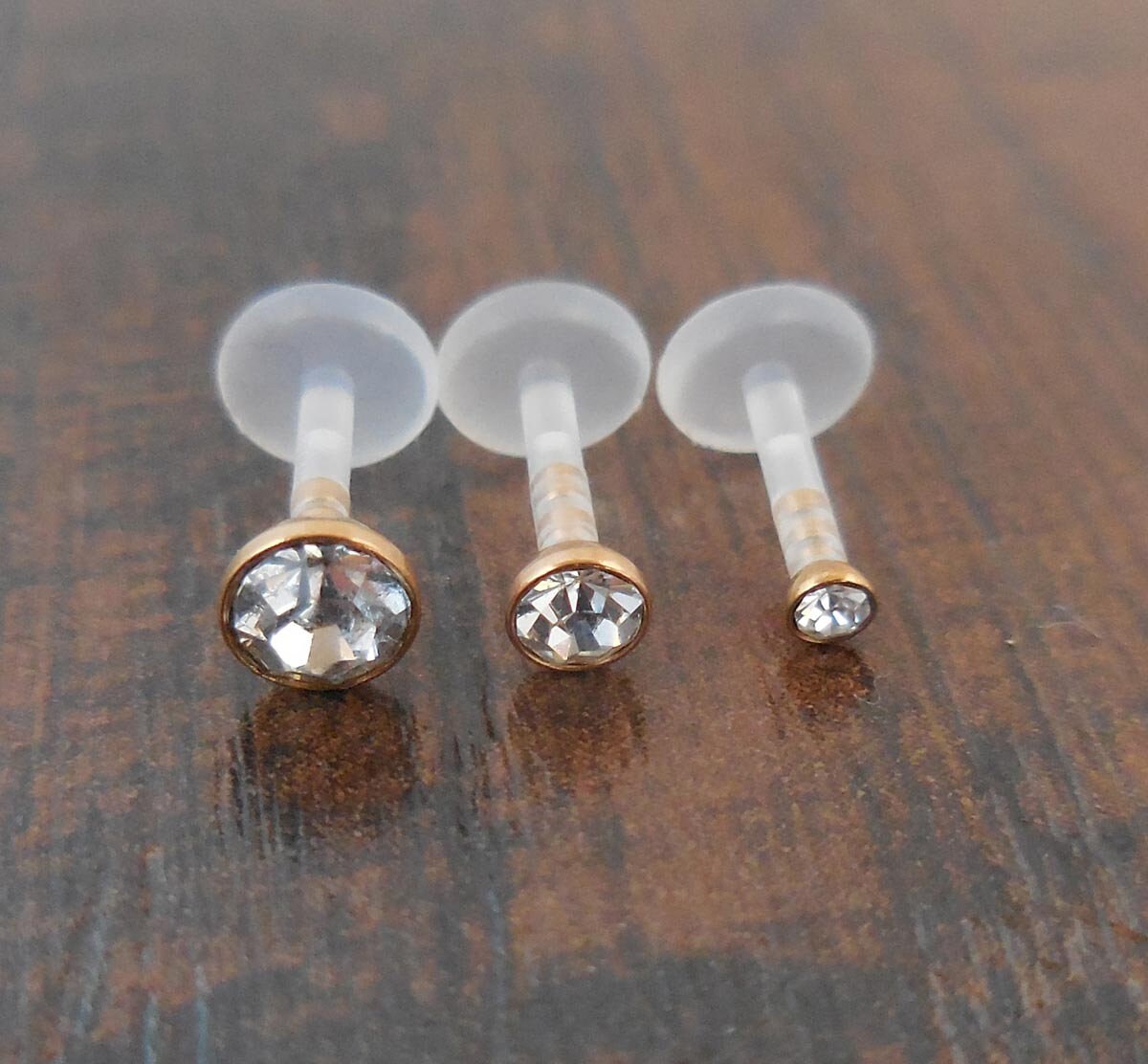 16G 6mm or 8mm BioFlex BioPlast Earring Cartilage Tragus Rose Gold Tone Titanium Clear CZ Triple Forward Helix