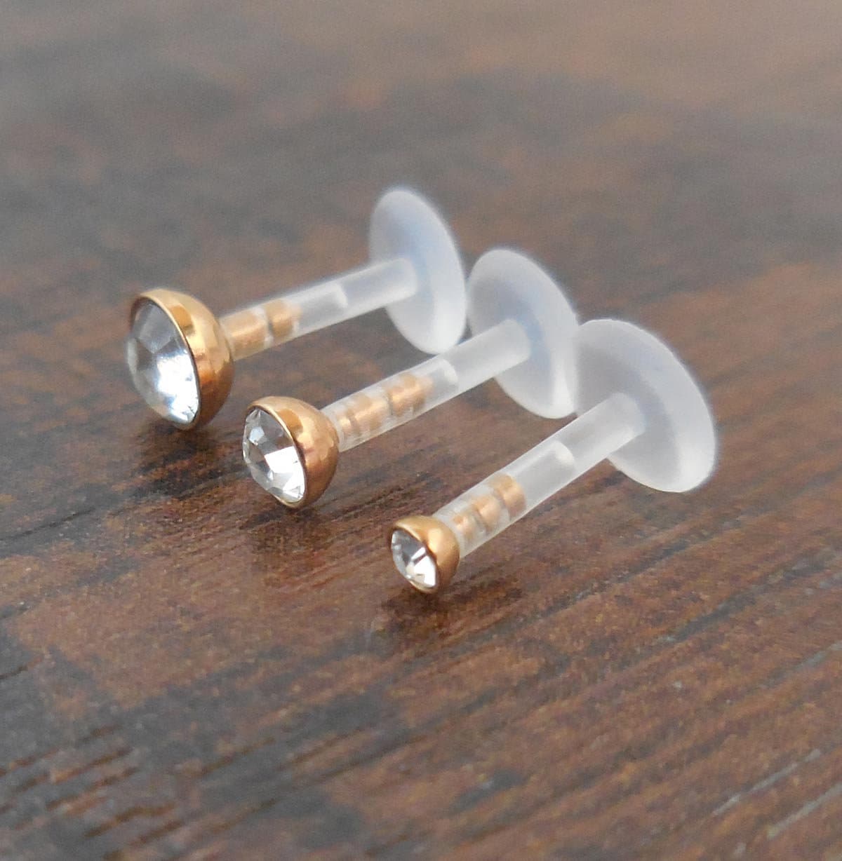 16G 6mm or 8mm BioFlex BioPlast Earring Cartilage Tragus Rose Gold Tone Titanium Clear CZ Triple Forward Helix
